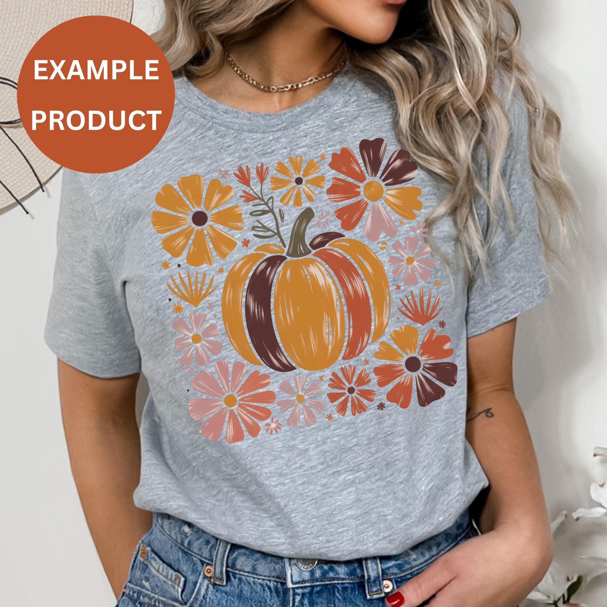Women's Autumn Pumpkin Floral T-Shirt, Fall Season Fashion Tee, Casual Thanksgiving Outfit, Gift Ideas