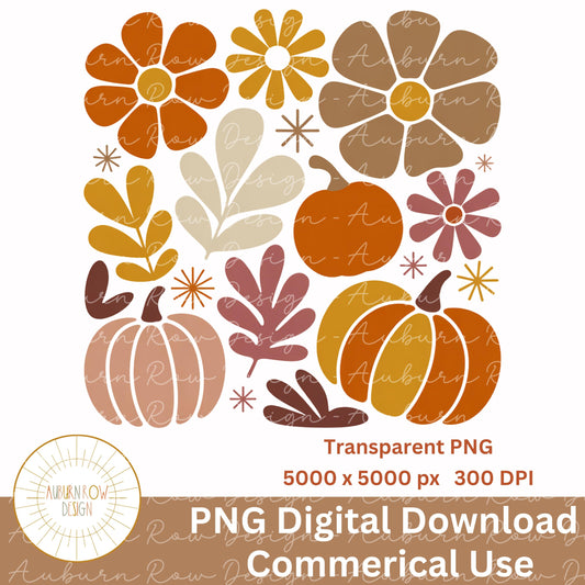 Autumn Flower and Pumpkin Clipart, Fall Floral PNG, Digital Download, Commercial Use, Transparent Background, 300 DPI