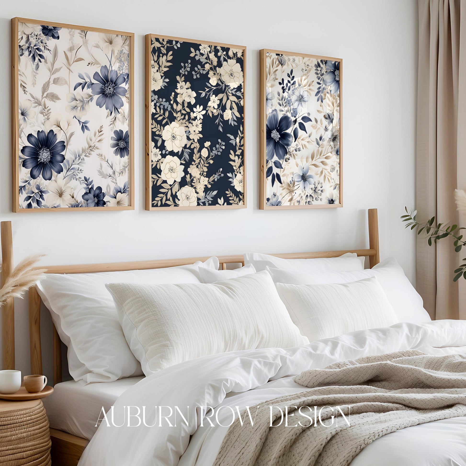 Floral Wall Art Prints Set, Navy Blue and White Bedroom Decor, Botanical Poster Trio, Modern Home Aesthetic
