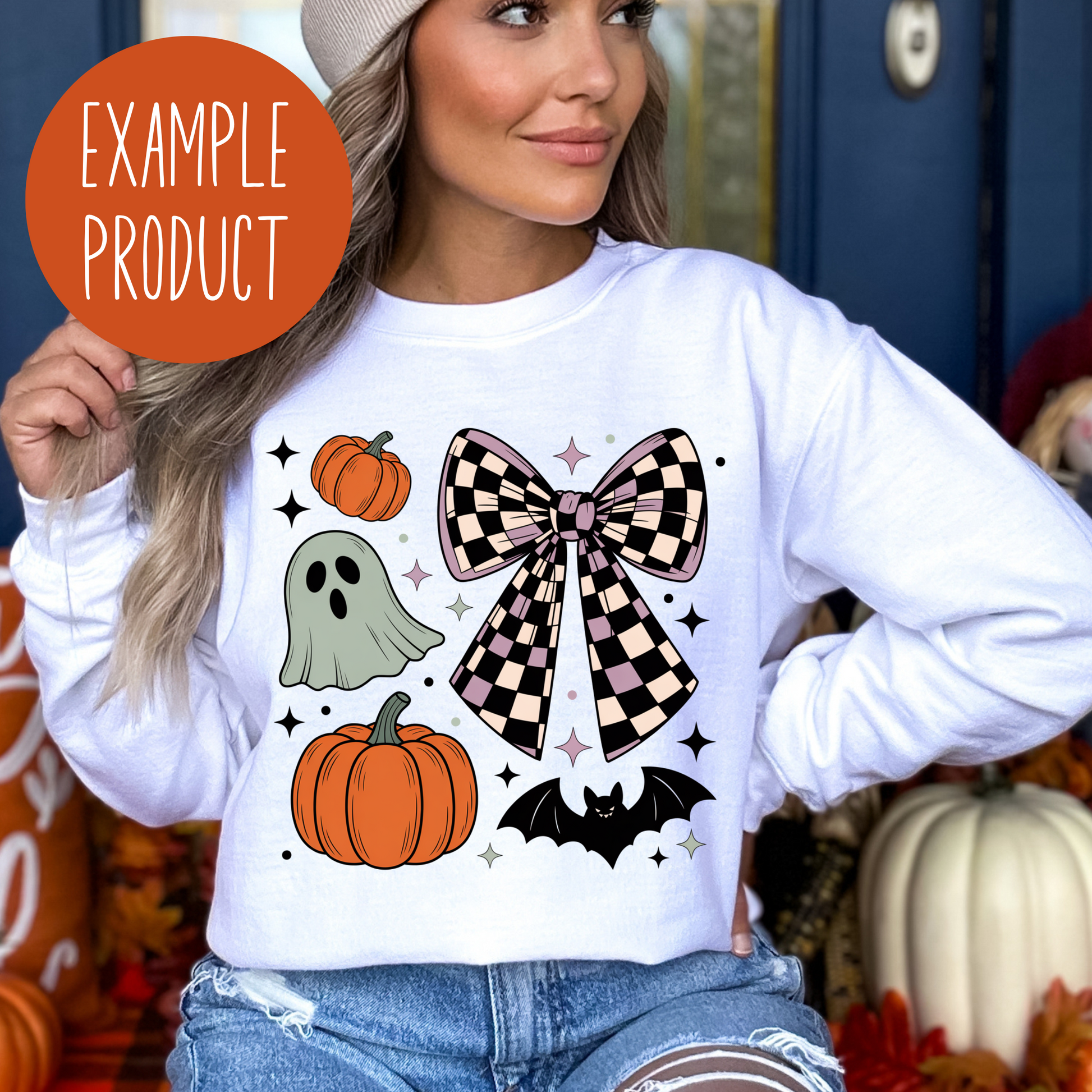 Cute Halloween Sweatshirt, Ghost Pumpkin Bat Design, Women's Fall Fashion Top