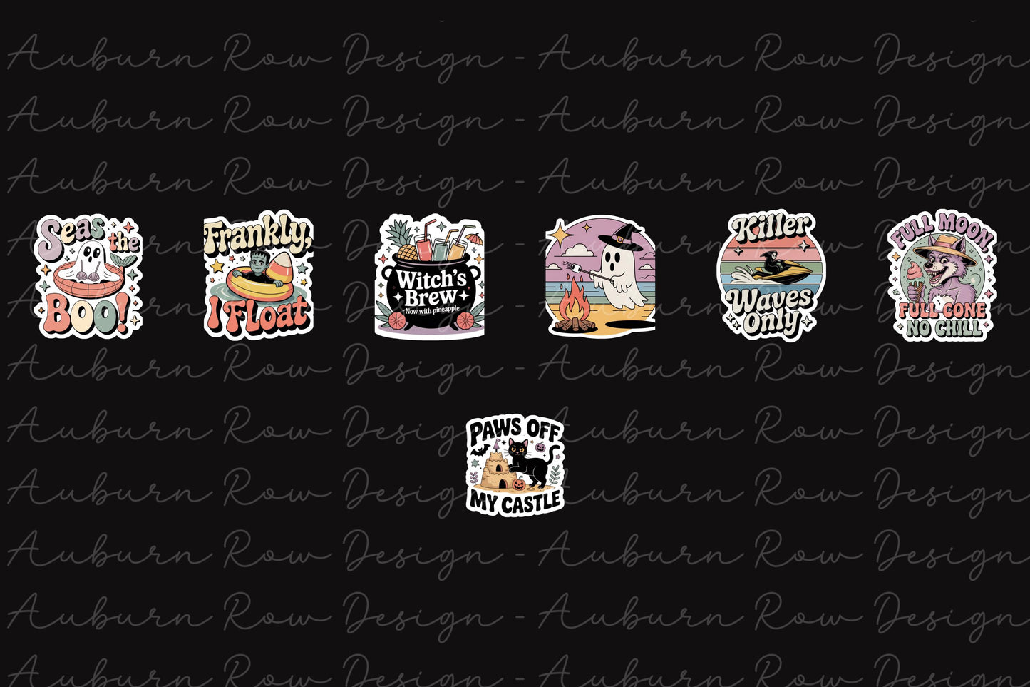 Vintage Halloween Sticker Set, Witch Cat Brew, Ghost, Full Moon, Pumpkin Decals