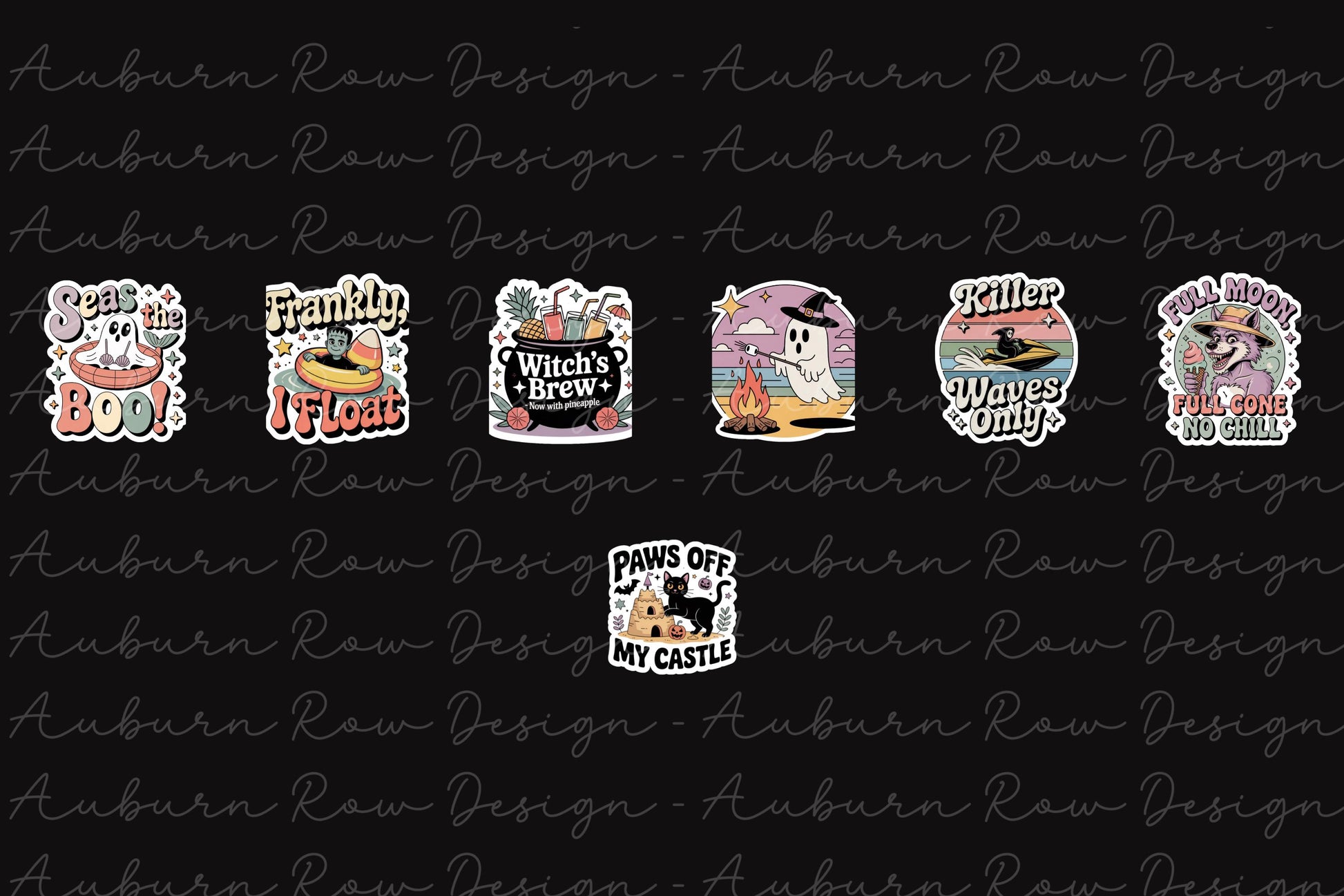 Vintage Halloween Sticker Set, Witch Cat Brew, Ghost, Full Moon, Pumpkin Decals