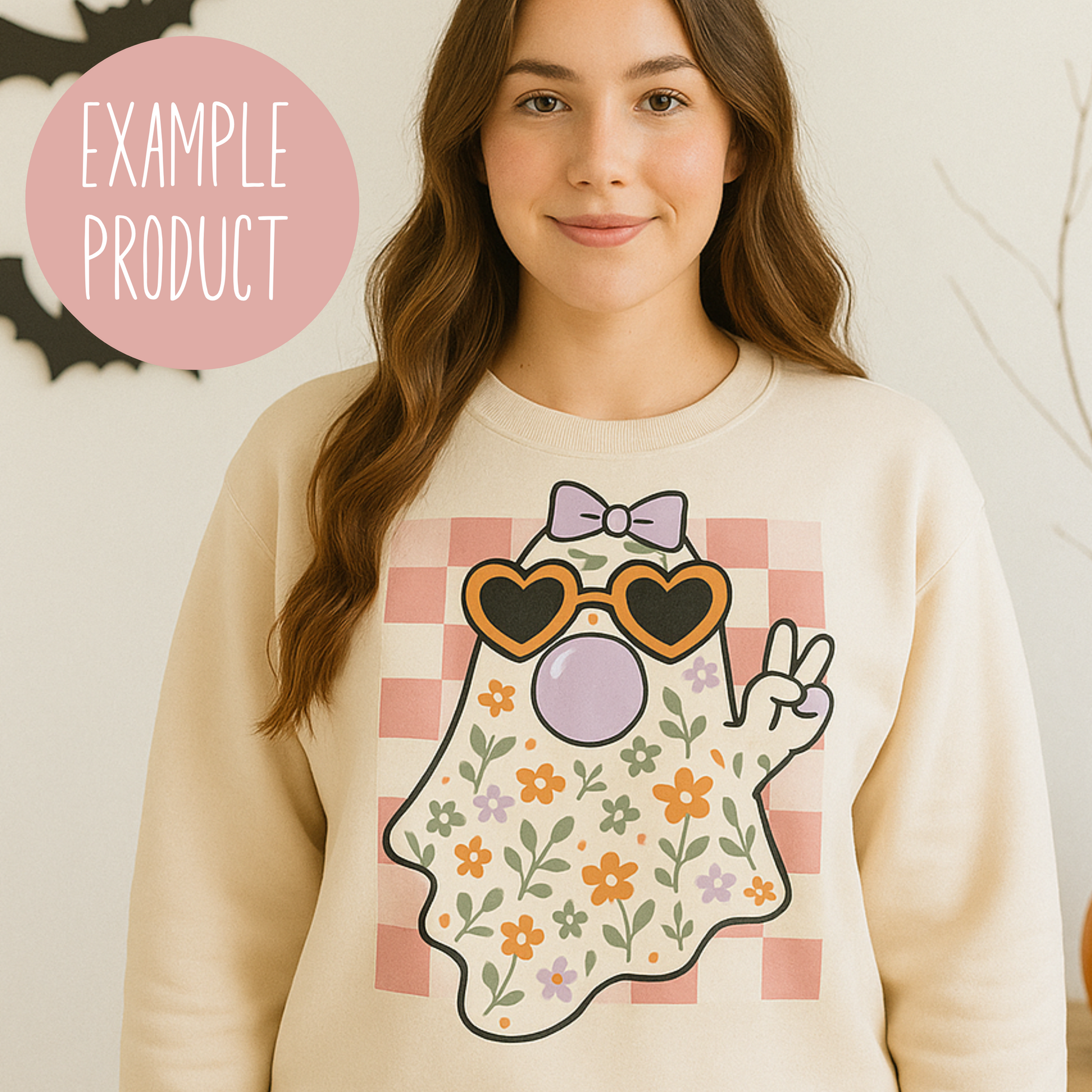 Cute Floral Ghost Sweatshirt, Women's Beige Pullover, Kawaii Spooky Apparel, Autumn Fashion Sweater
