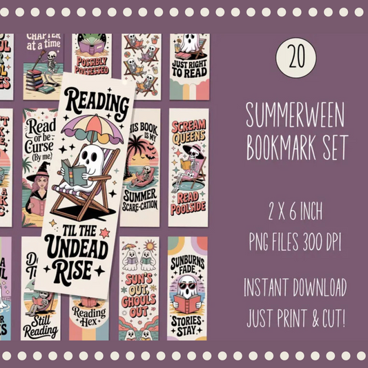 Summerween Reading Themed Bookmark Set, Instant Download PNG, 2x6 Inch High Resolution, Print and Cut Craft
