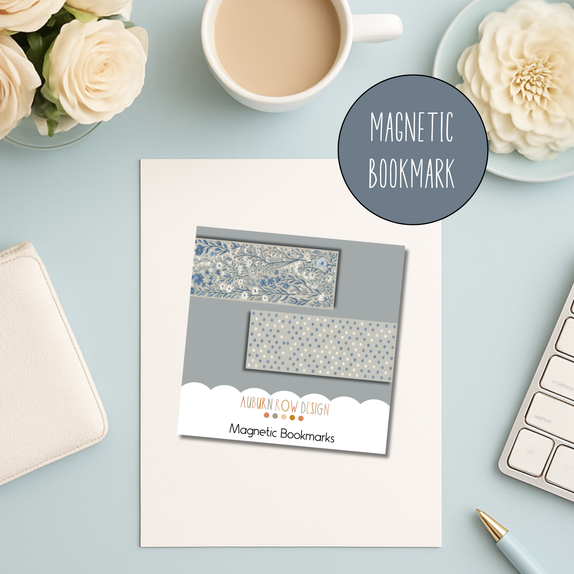 Blue Floral Magnetic Bookmark Set