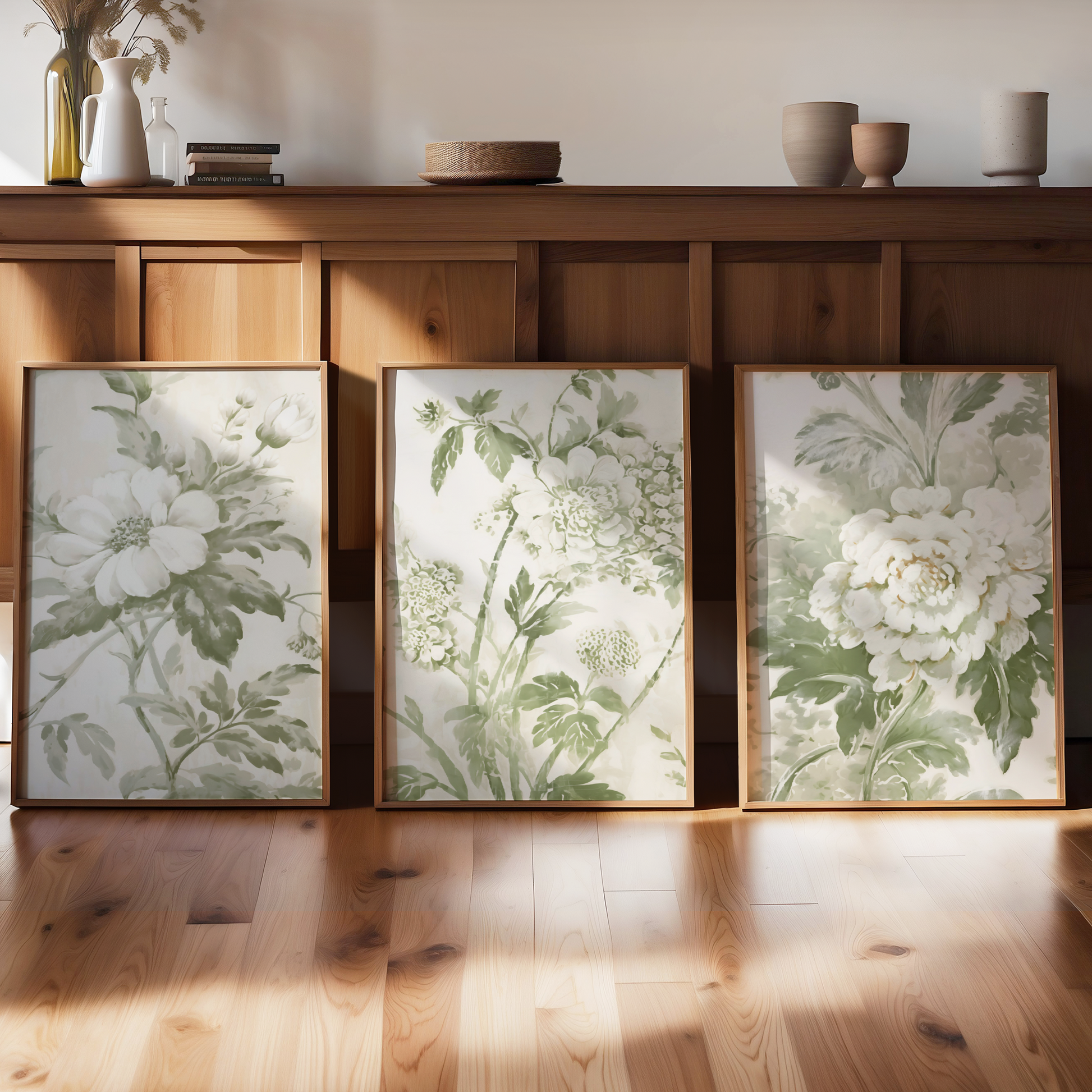 Sage Green Floral Triptych Printable Art Set