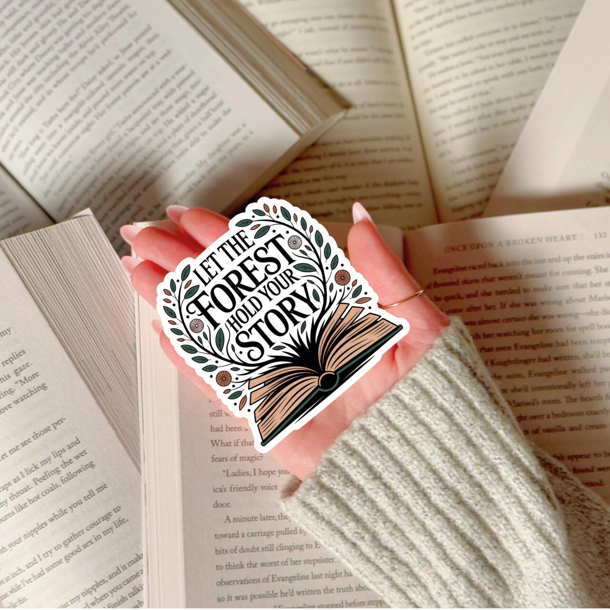 Vintage Book Sticker, 'Let the Forest Hold Your Story,' Nature-Themed, Water-Resistant, Perfect for Laptops and Journals