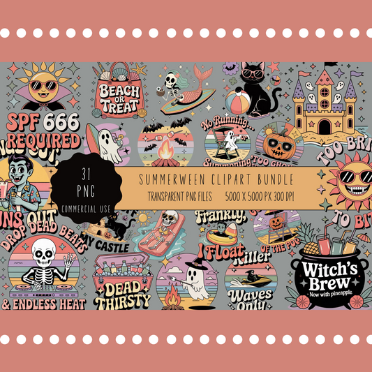 Halloween Beach Party Clipart Bundle, Spooky Summer Digital Files, PNG Commercial Use