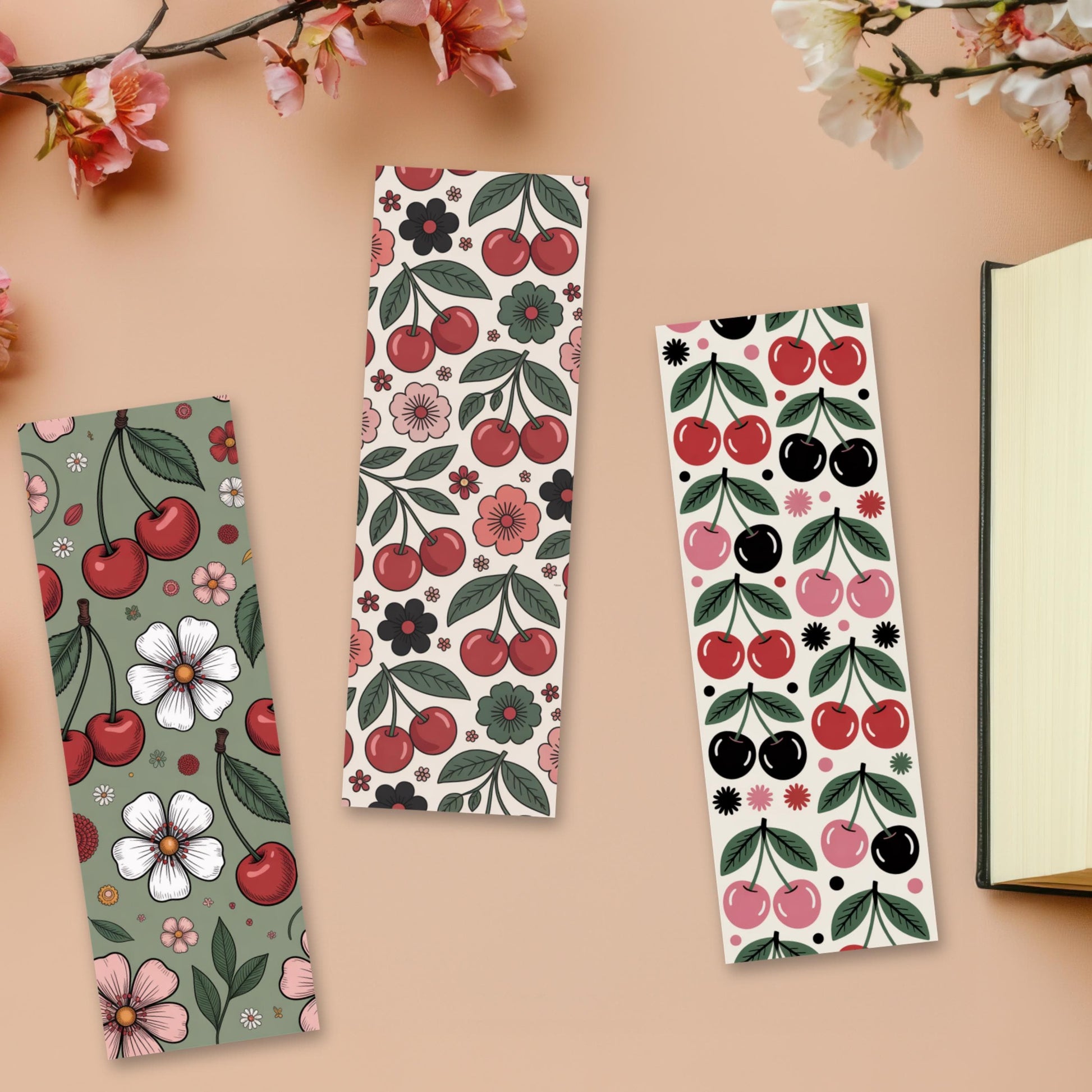 Cherry Blossom Floral Bookmark Set, Cute Fruit and Flower Design, Spring Themed Reading Accessory