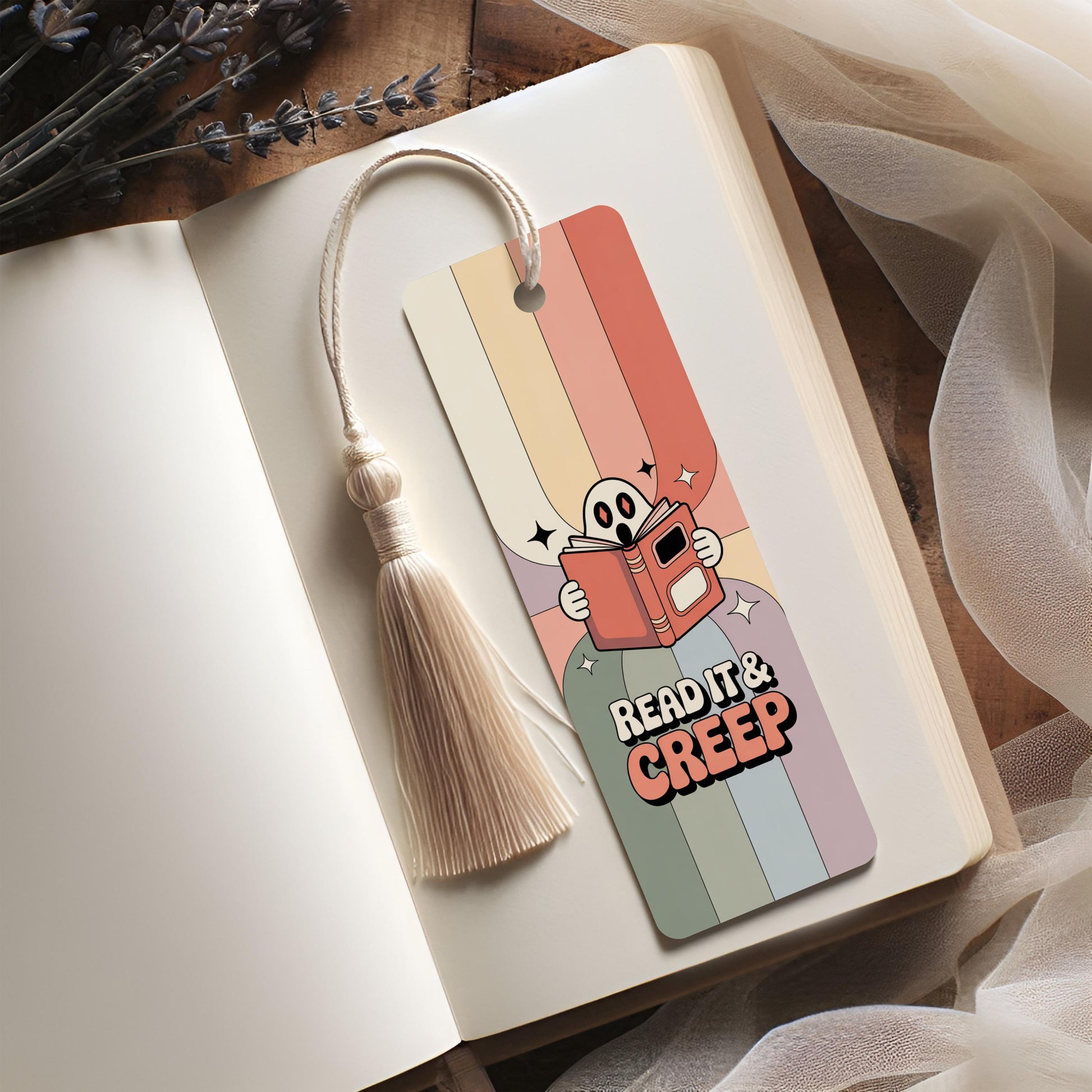 Read It and Creep Cartoon Ghost Bookmark, Colorful Striped Design, Cute Reading Accessory for Book Lovers