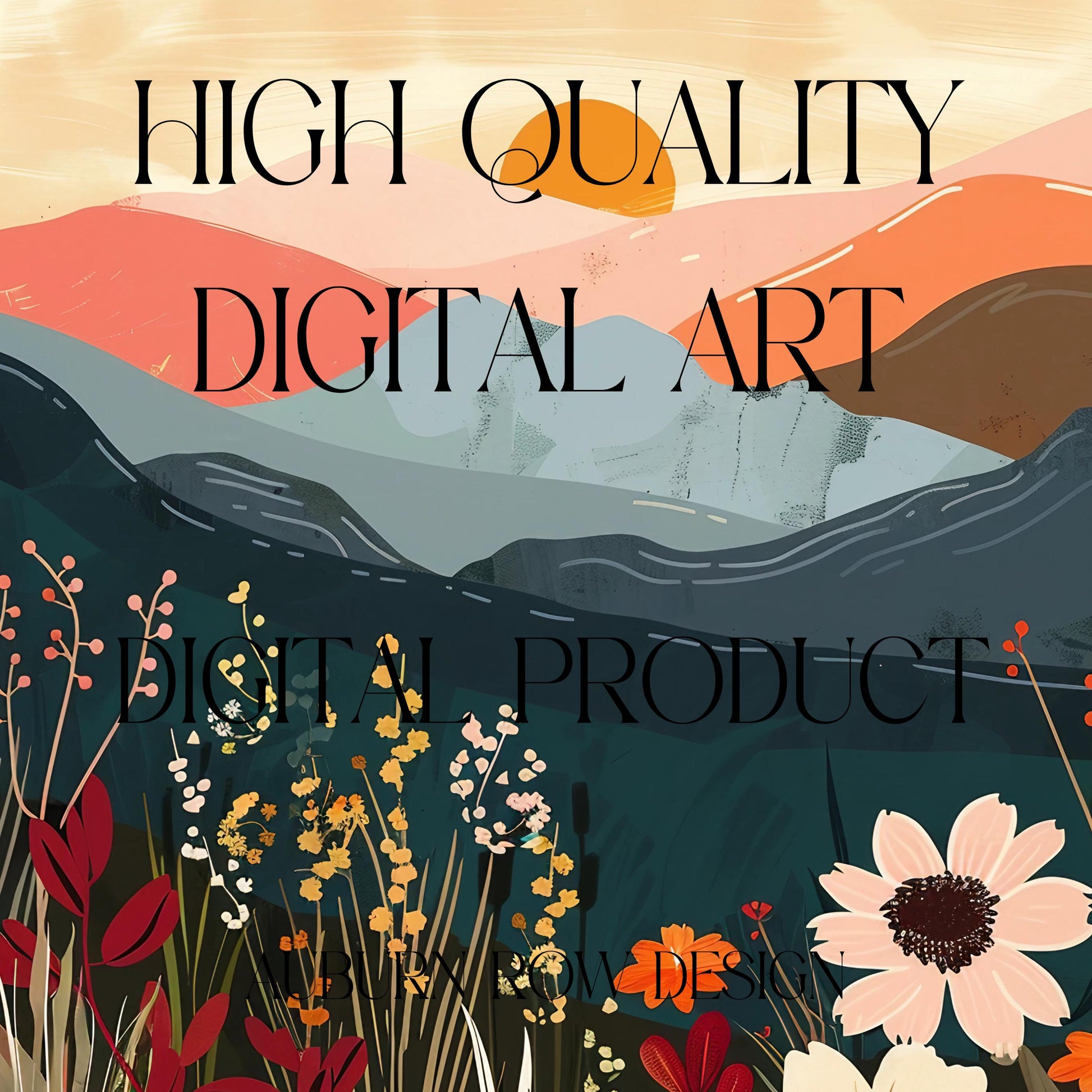 Colorful Mountain Landscape Digital Art, Abstract Nature Print, Modern Wall Decor, Floral Scenery Illustration