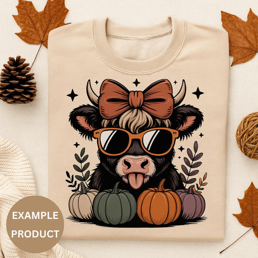 Cute Highland Cow Autumn T-Shirt, Funny Fall Season Graphic Tee, Pumpkin and Leaves Design, Unisex Fashion Top