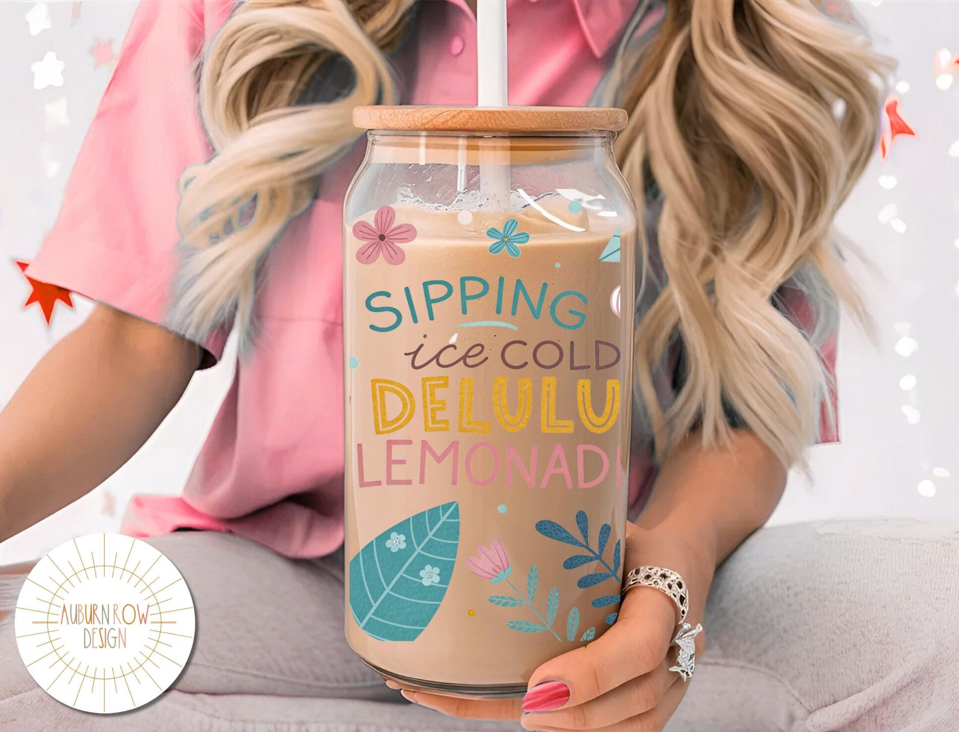 Custom Iced Lemonade Glass Jar with Straw, Colorful Summer Drink Tumbler, Personalized Beverage Cup