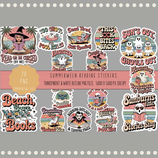 Summer Reading Stickers Set, Beach Book Quotes, Cute Planner Decals, Waterproof Vinyl, 20 PNG Files for Commercial Use