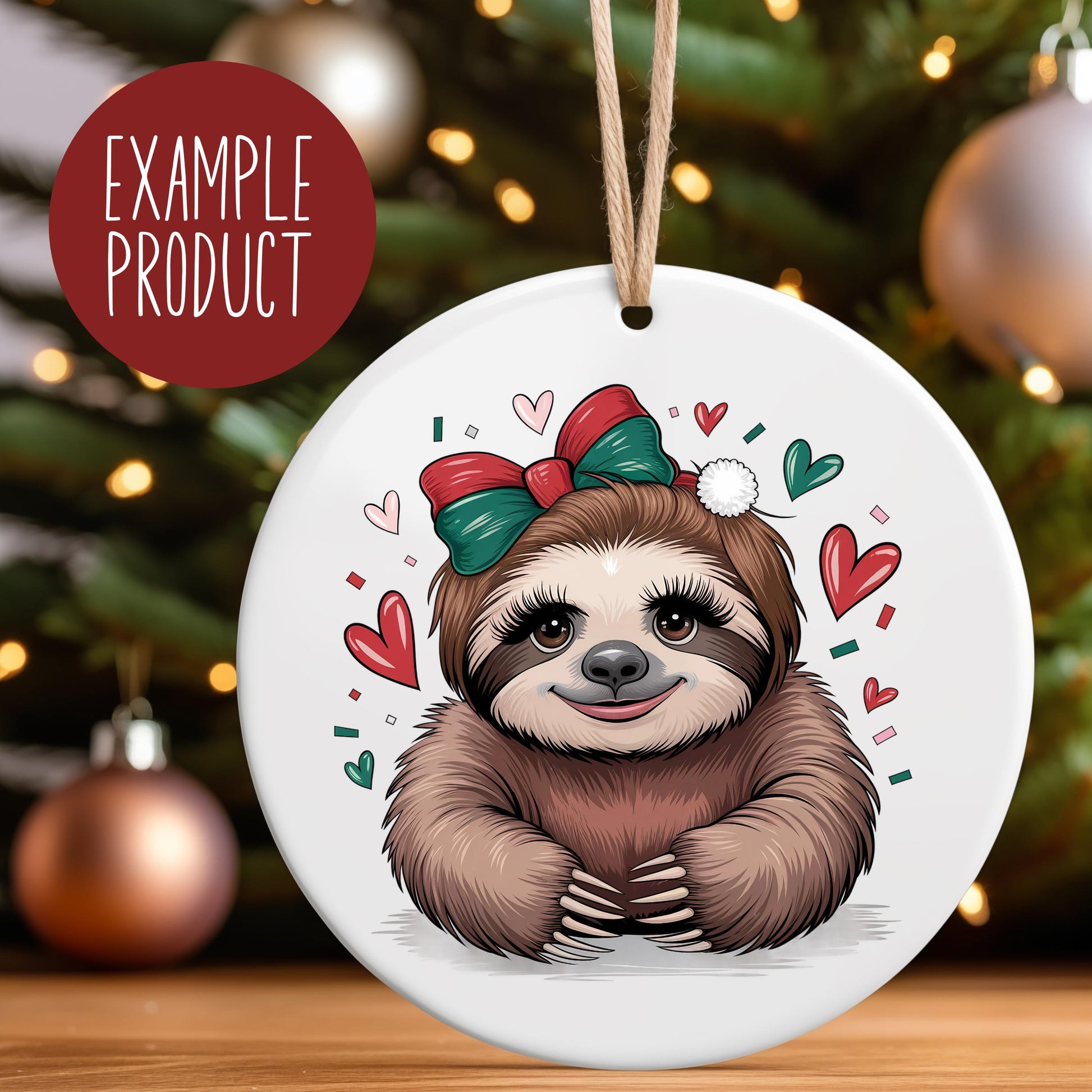 Cute Sloth Christmas Ornament, Holiday Decor, Festive Tree Decoration, Gift for Animal Lovers, Ceramic Hanging Charm with Red Bow