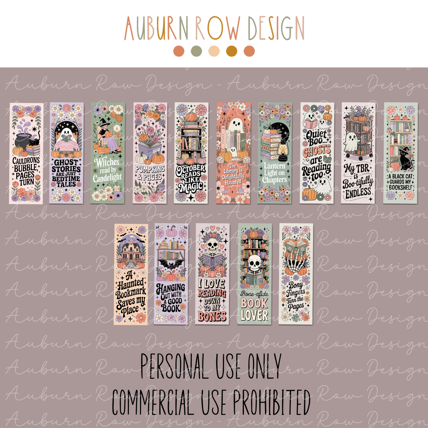 Halloween Digital Paper Pack, Autumn Row Design, Spooky Patterns, October Scrapbooking, Witch, Ghosts, Pumpkins, Book Lover Decor