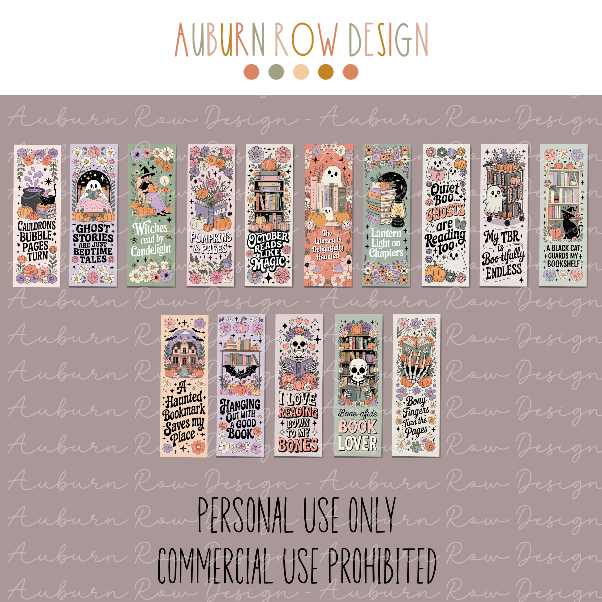 Halloween Digital Paper Pack, Autumn Row Design, Spooky Patterns, October Scrapbooking, Witch, Ghosts, Pumpkins, Book Lover Decor