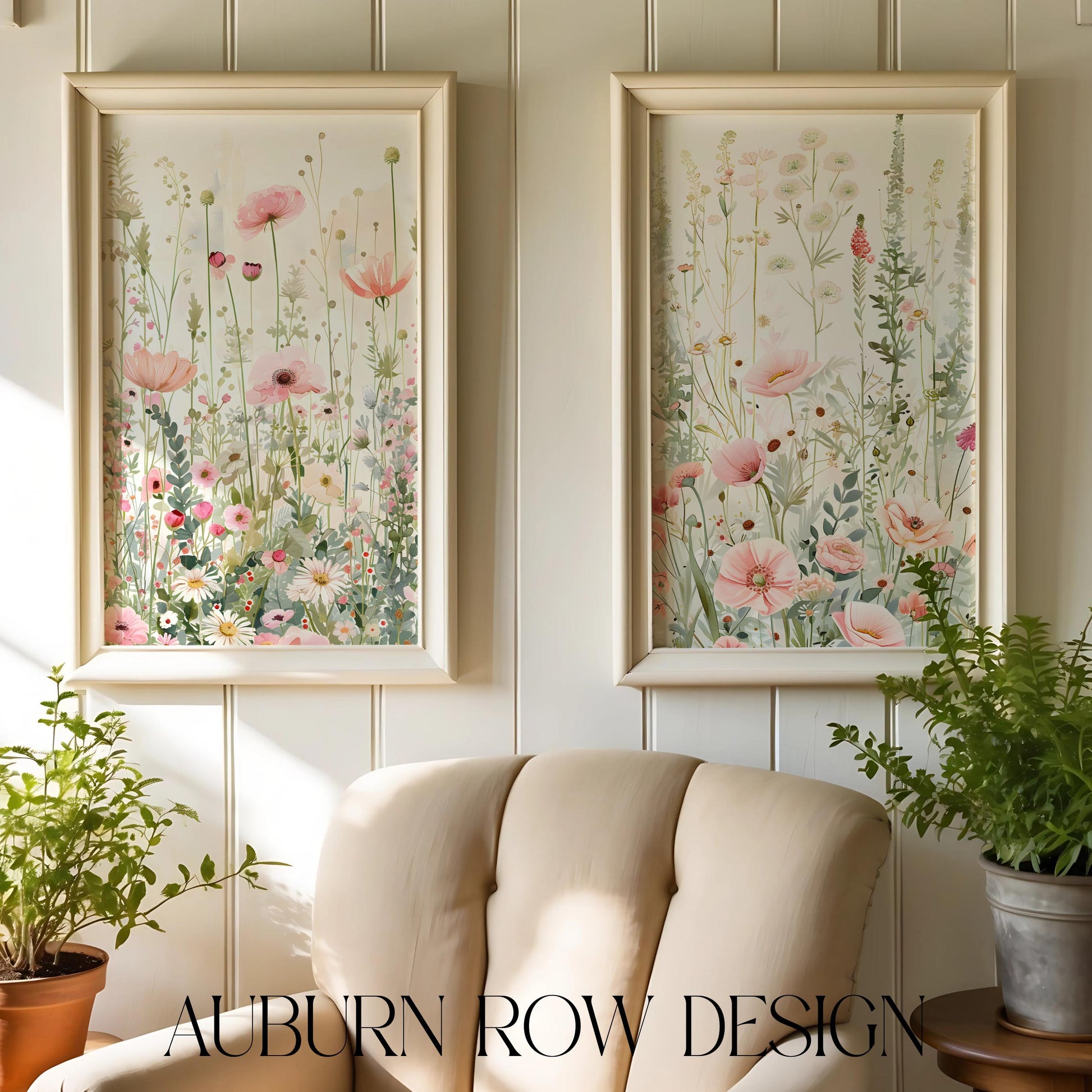 Botanical Wall Art Prints, Floral Meadow Nature Decor, Set of Two Framed Artworks