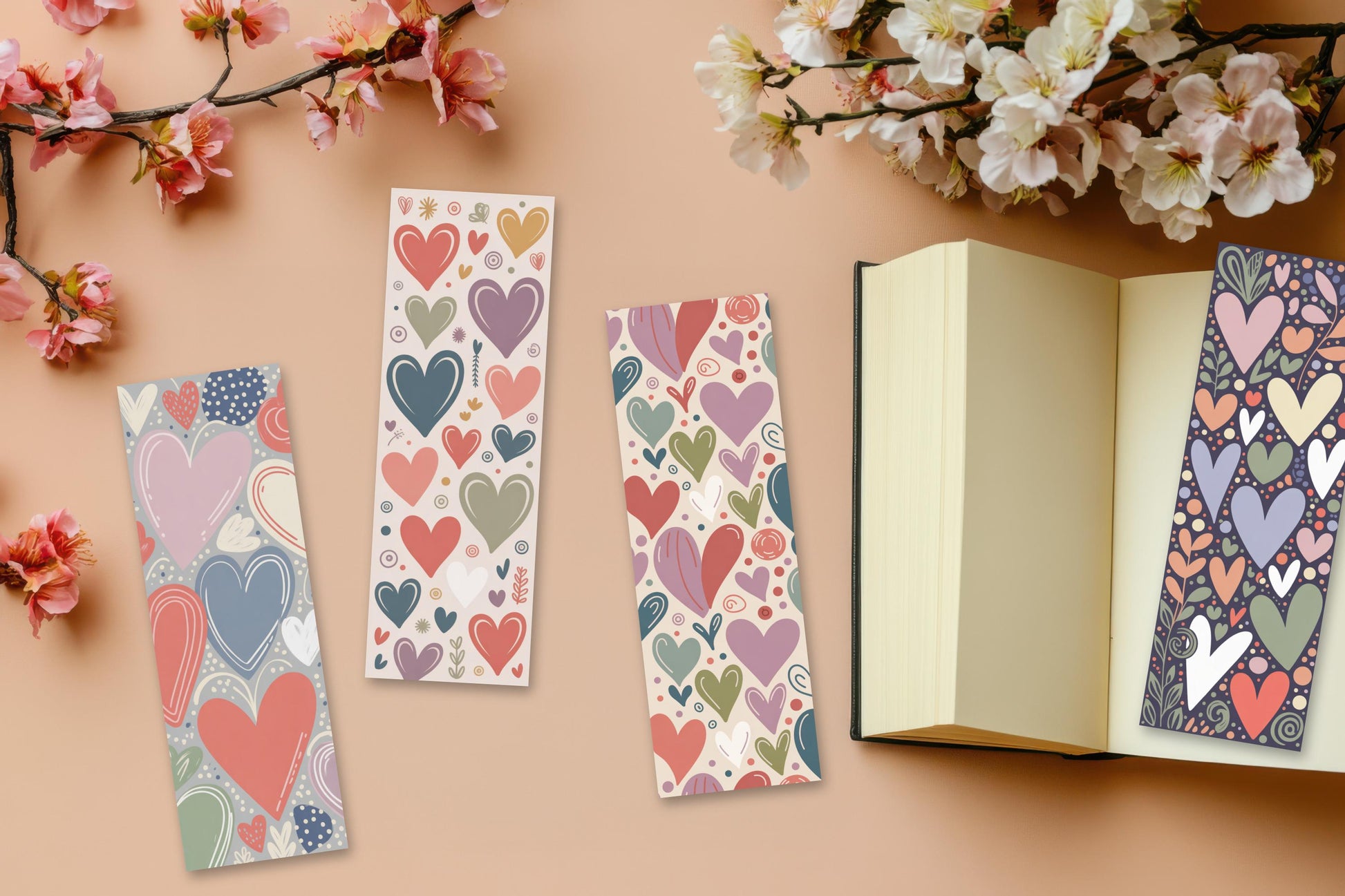 Set of Three Heart Pattern Bookmarks, Colorful Love Design, Floral Background, Gift for Readers