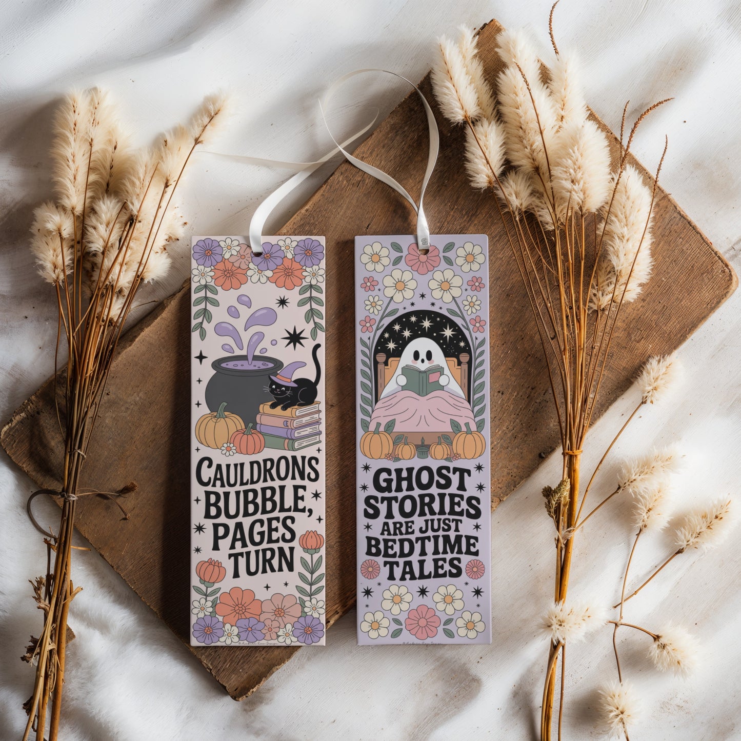 Halloween Bookmark Set, Witch and Ghost Design, Spooky Autumn Reading Accessories, Floral and Cauldron Graphics
