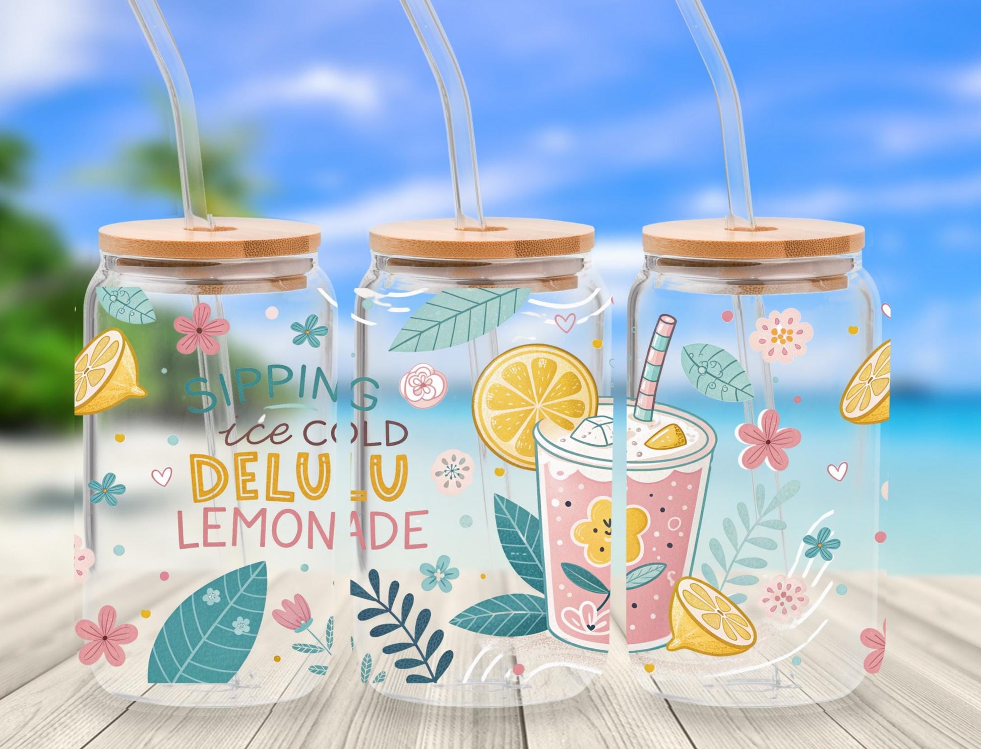 Summer Lemonade Glass Jars with Straws, Beach Theme Refreshment Containers, Floral and Fruit Design
