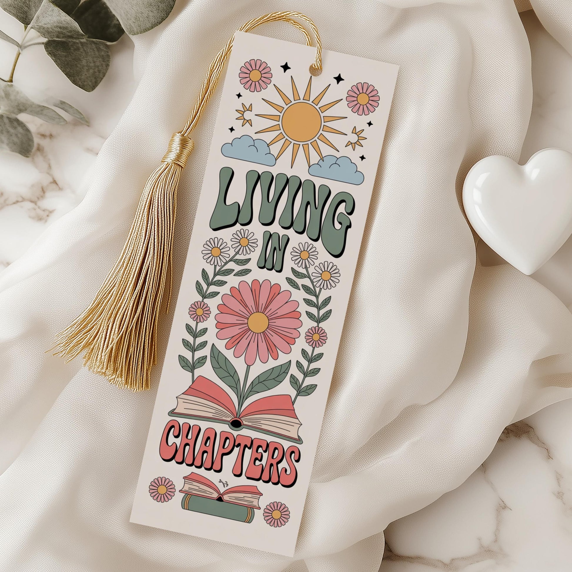 Colorful Floral Bookmark, Sun and Book Motif, Gift for Readers, Living in Chapters Design, Unique Reading Accessory