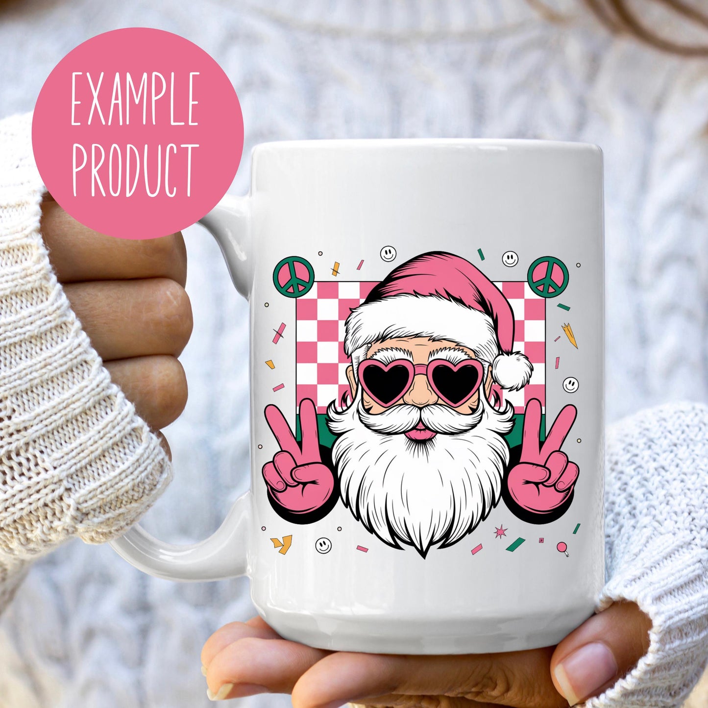 Funky Santa Claus Hipster Coffee Mug, Cute Christmas Gift, Unique Holiday Ceramic Cup with Pink Heart Glasses and Peace Sign