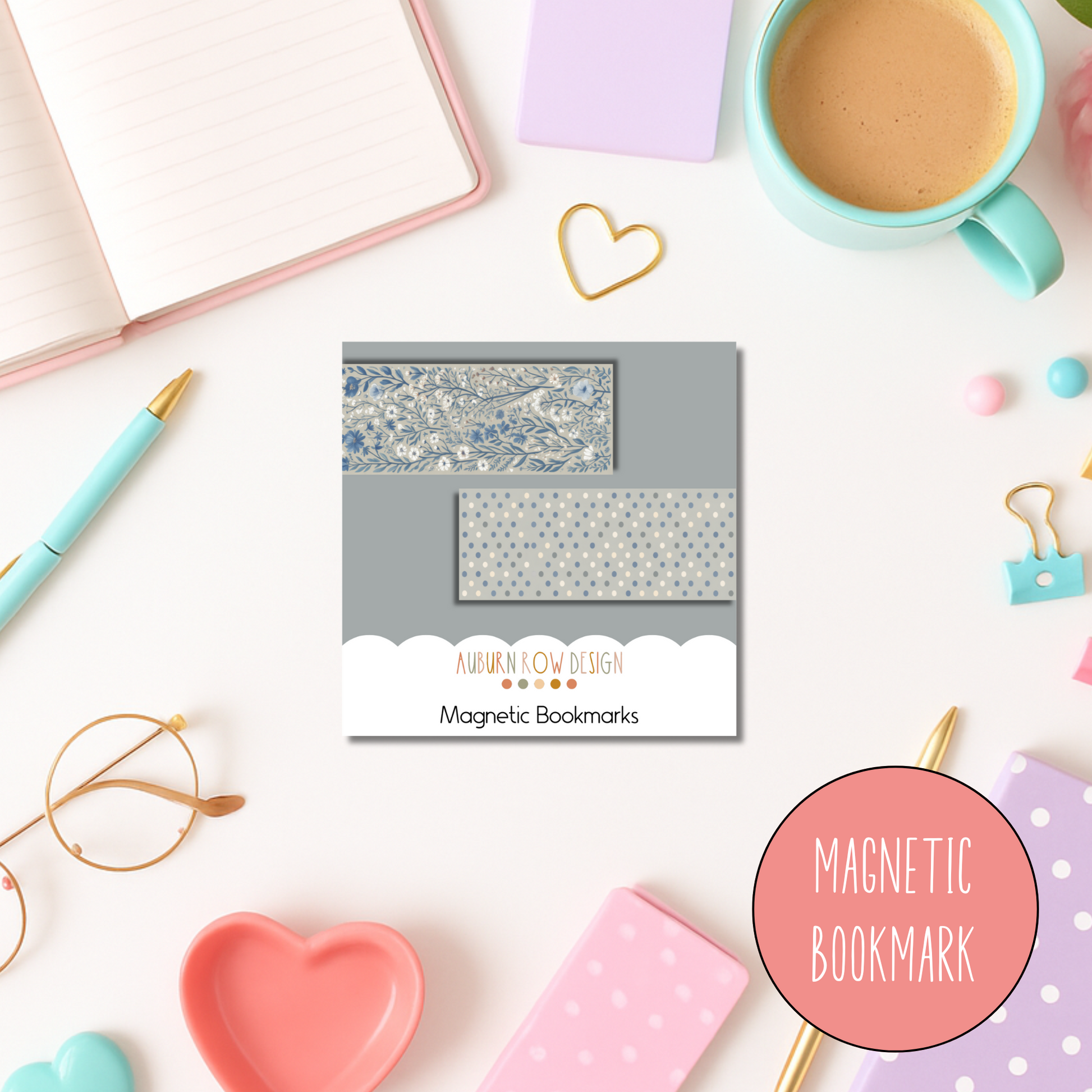 Blue Floral Magnetic Bookmark Set