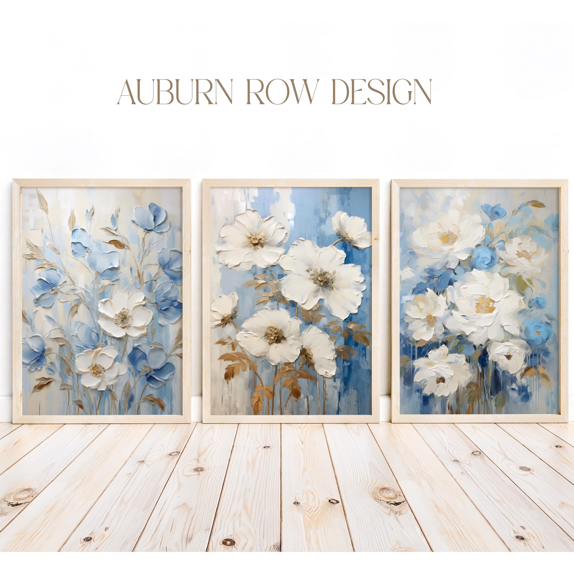 Blue and White Floral Wall Art Prints, Set of Three Large Flower Paintings, Home Decor Canvas