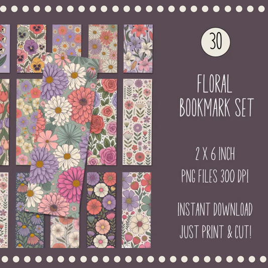 Floral Bookmark Set, Printable Vintage Flower Designs, Instant Download, 30 Piece 2x6 inch PNG Files