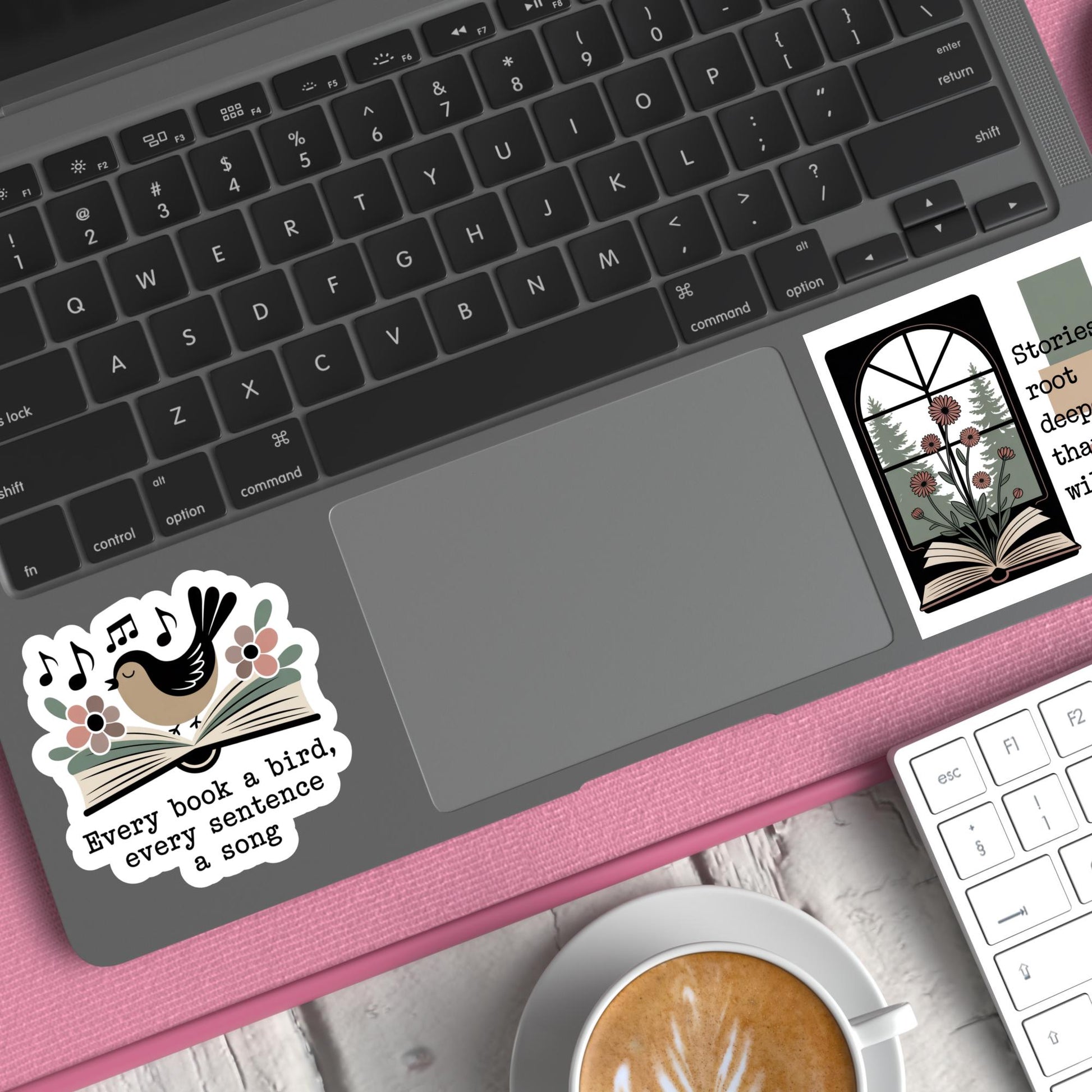 Vintage Bird Book Sticker, Floral Laptop Decal, Waterproof Vinyl Sticker, Unique Reading Theme Accessory