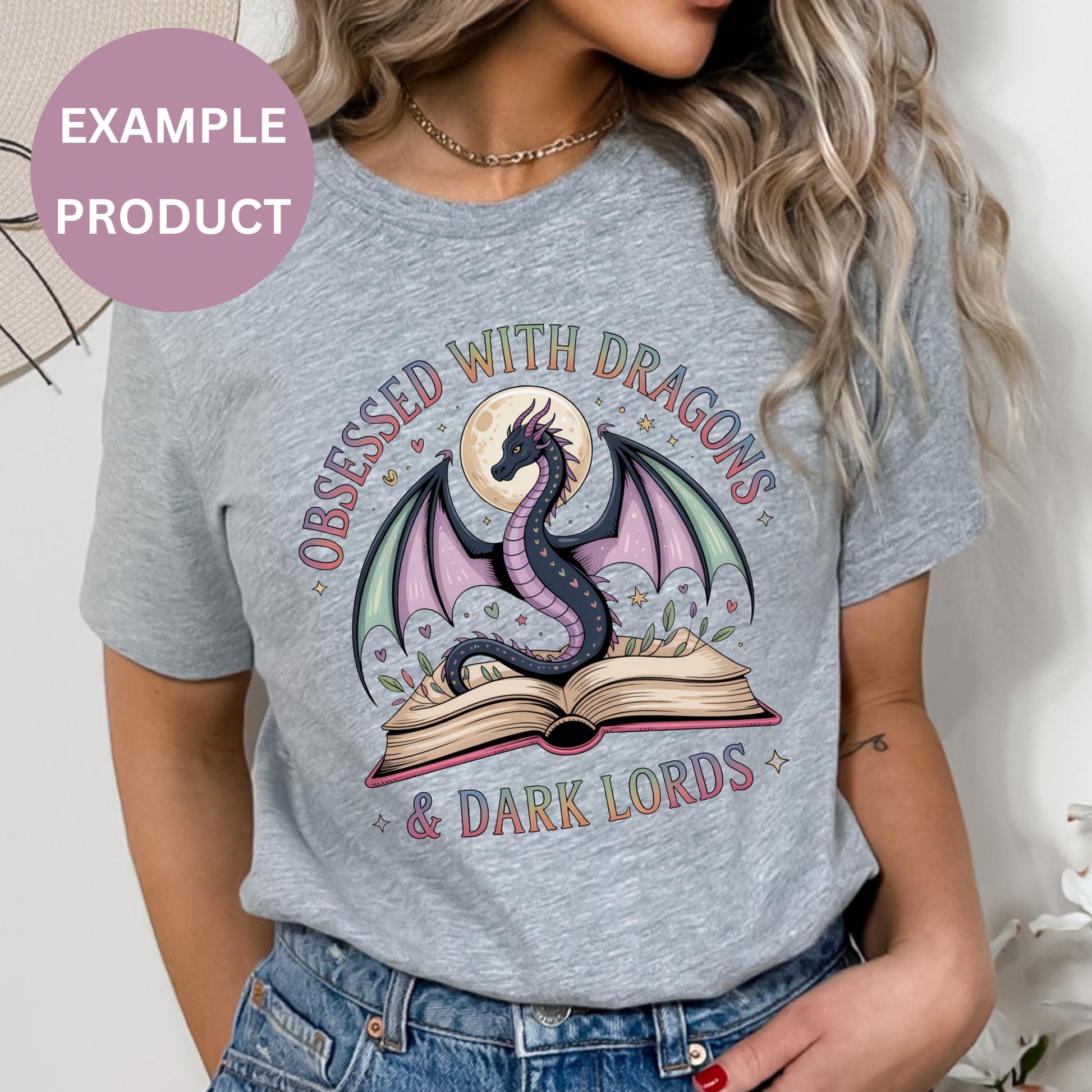 Women's Graphic Tee, Dragon and Book Design, Fantasy Lover T-Shirt, Casual Grey Top