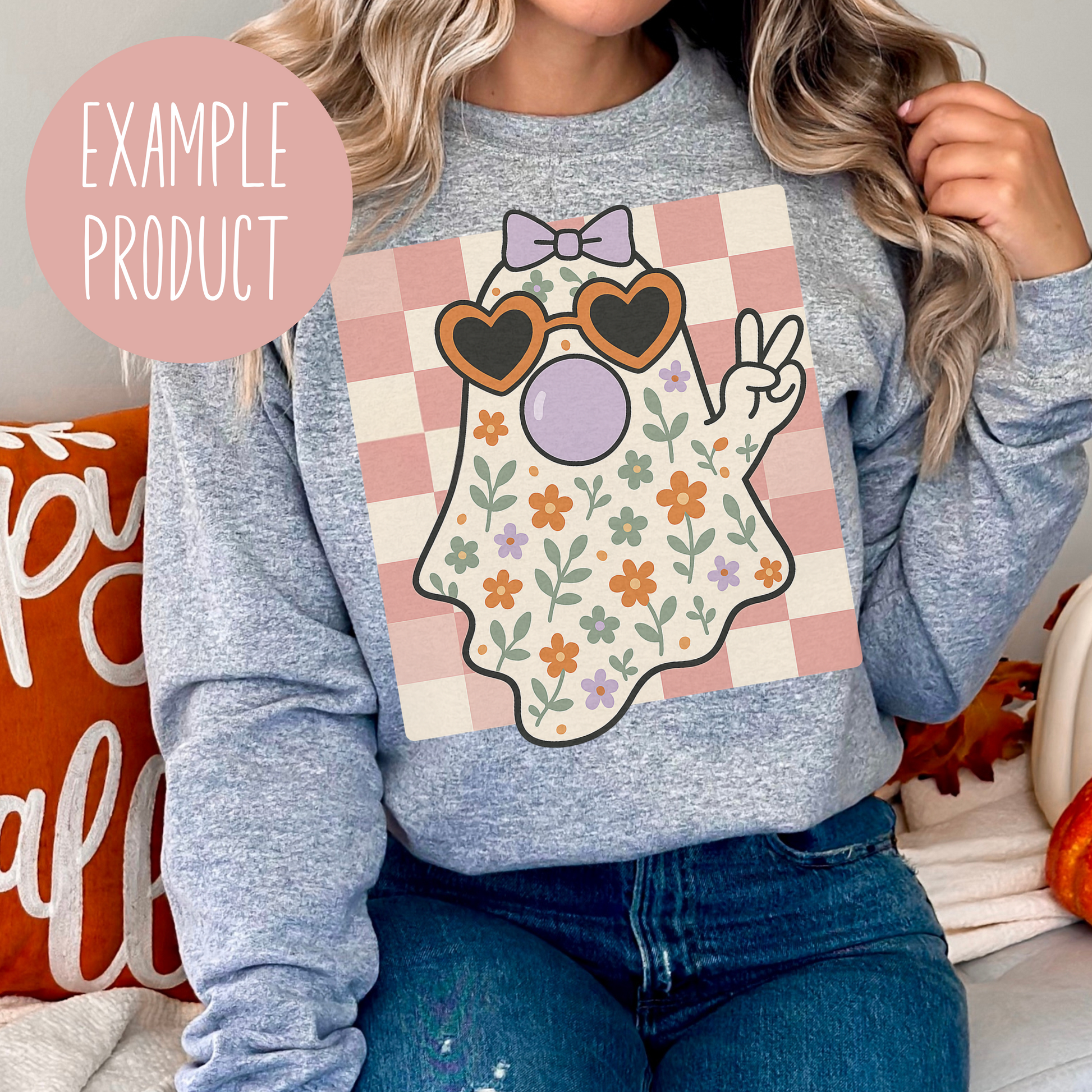 Cute Cartoon Ghost Sweatshirt, Women's Floral Design Fall Apparel, Cozy Long Sleeve Top