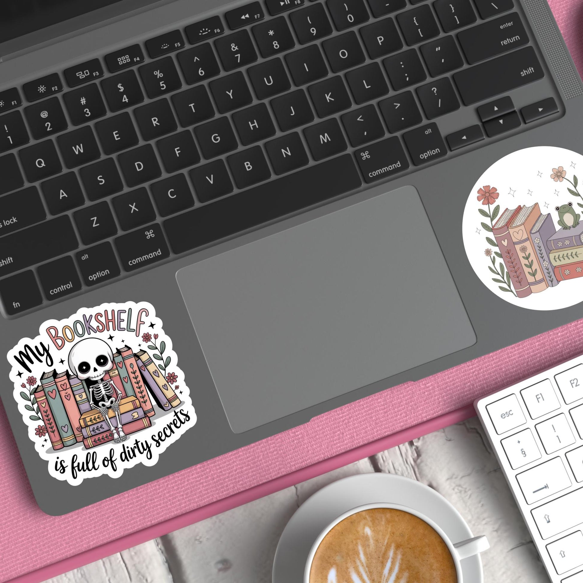 Cute Bookshelf Sticker, Skull and Books Laptop Decal, Coffee and Reading Theme, Waterproof Vinyl Sticker for Readers and Writers