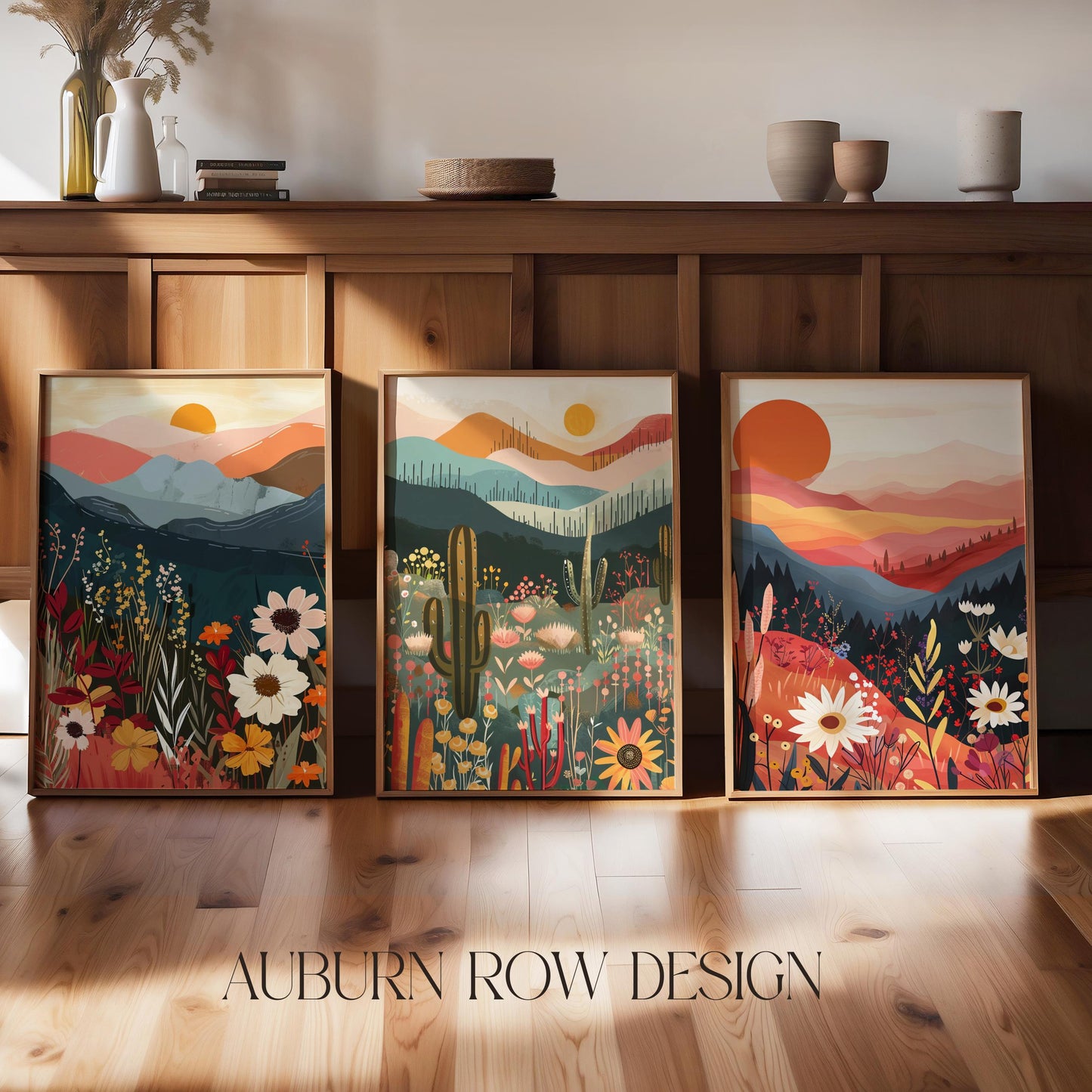 Colorful Landscape Triptych Wall Art, Desert Mountain Sunset Canvas Prints, Vibrant Nature Home Decor