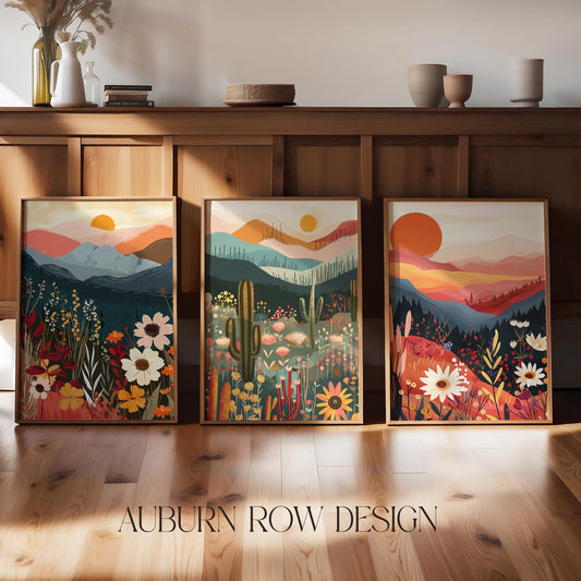 Colorful Landscape Triptych Wall Art, Desert Mountain Sunset Canvas Prints, Vibrant Nature Home Decor