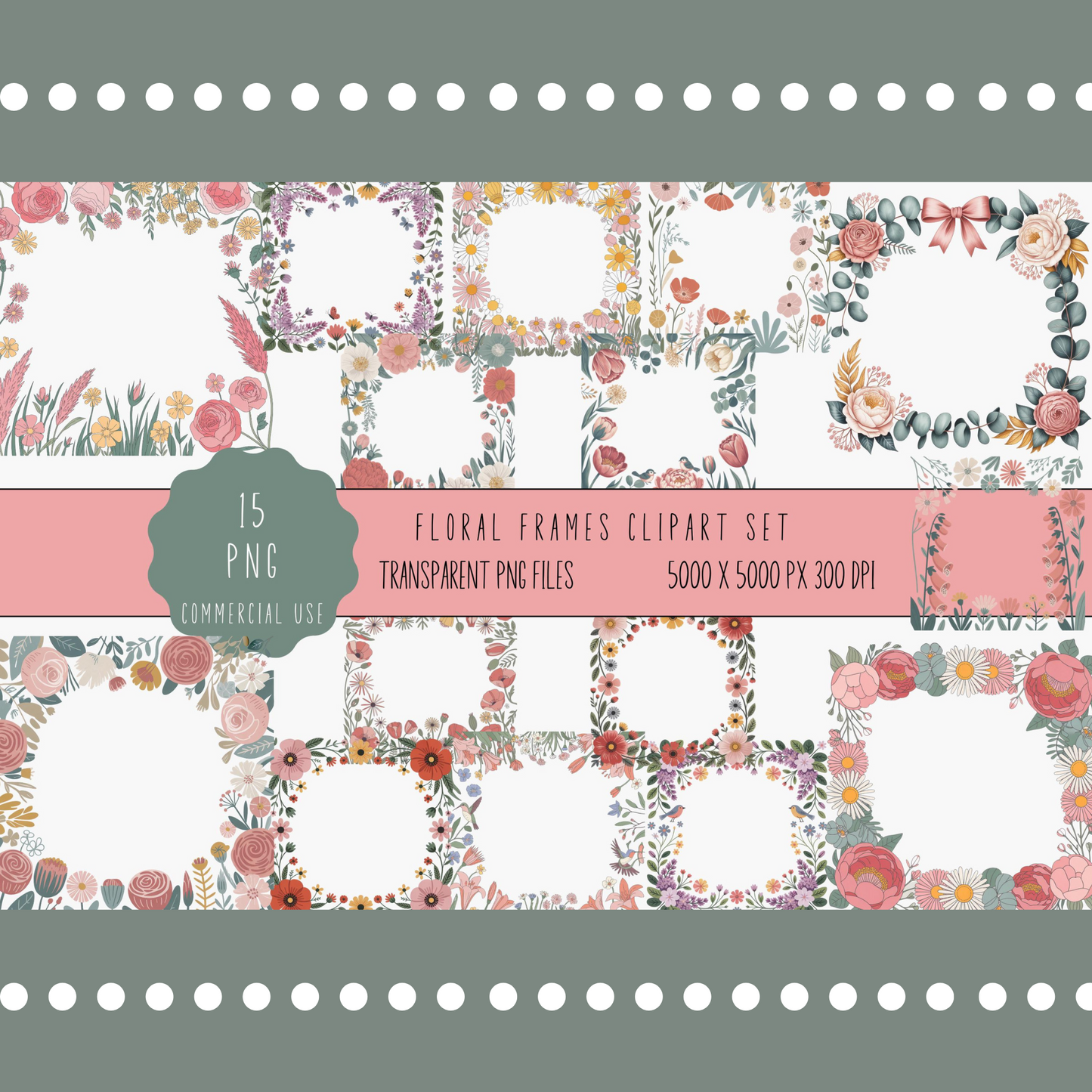 Floral Frames Clipart Set, PNG Files, Commercial Use, Transparent Background, Digital Download