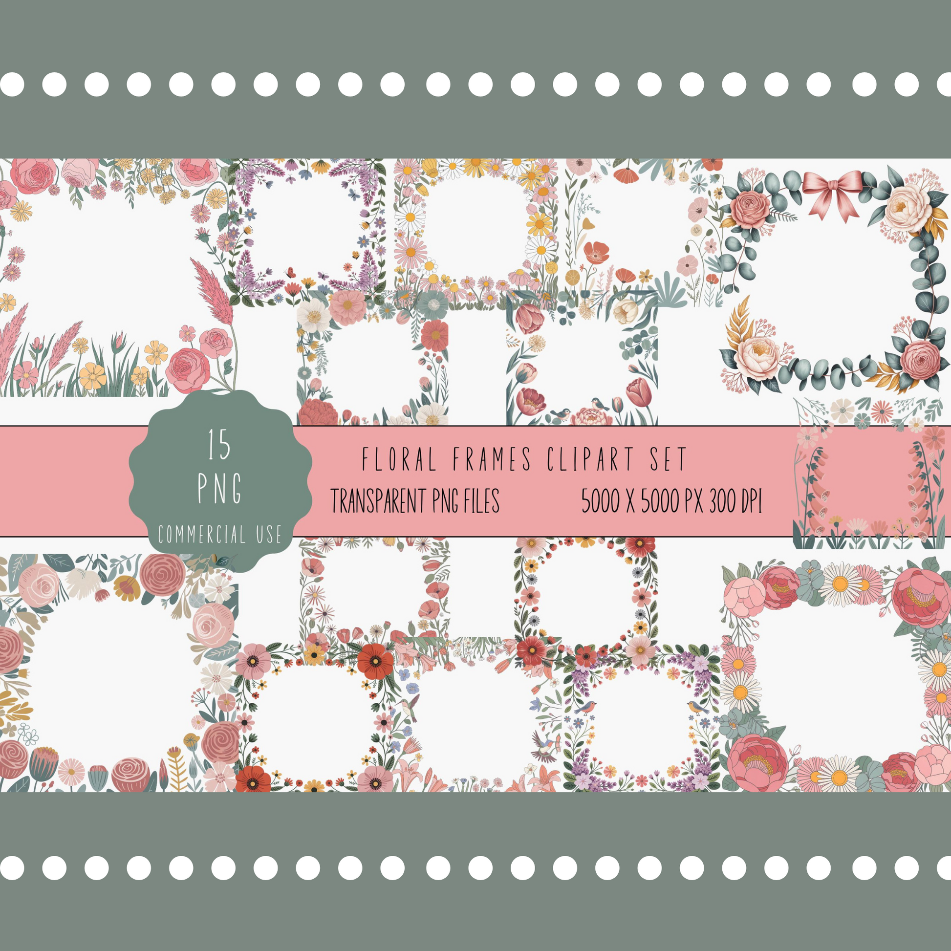 Floral Frames Clipart Set, PNG Files, Commercial Use, Transparent Background, Digital Download
