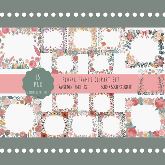 Floral Frames Clipart Set, PNG Files, Commercial Use, Transparent Background, Digital Download