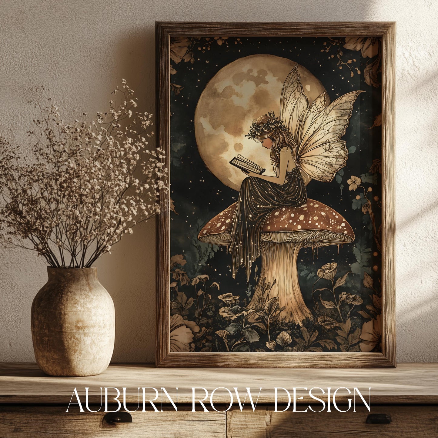 Enchanted Forest Fairy and Moon Art Print, Vintage Style Wall Decor, Fantasy Illustration, Home Interior Design