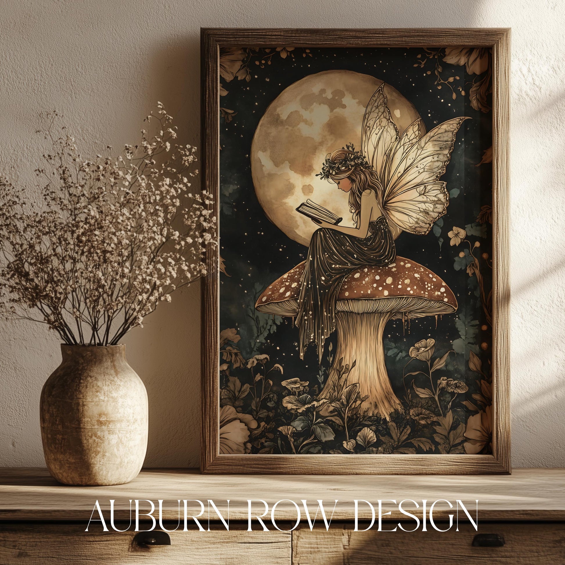 Enchanted Forest Fairy and Moon Art Print, Vintage Style Wall Decor, Fantasy Illustration, Home Interior Design