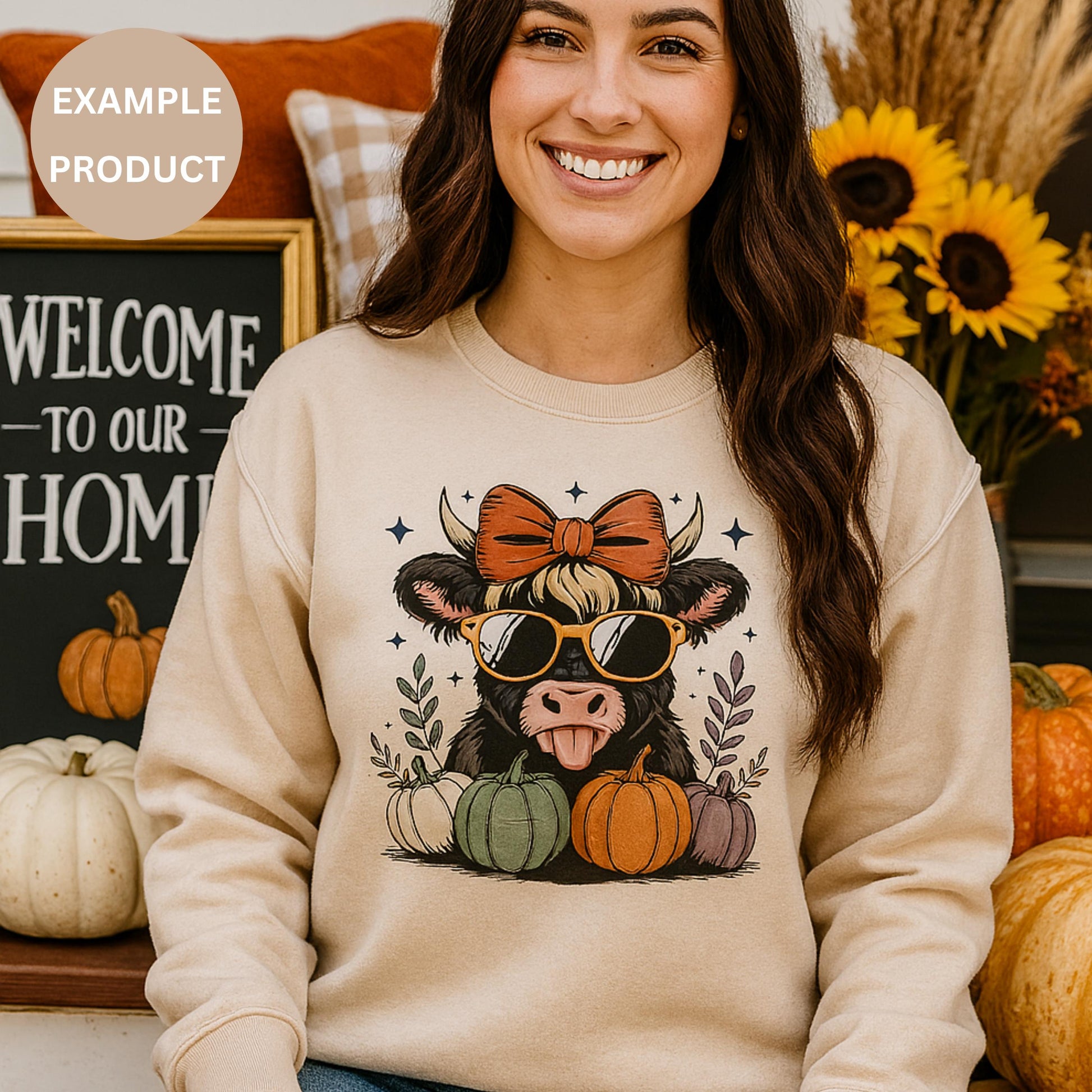 Women's Fall Sweatshirt, Cow with Sunglasses Pumpkin Graphic, Cozy Autumn Pullover, Casual Thanksgiving Top