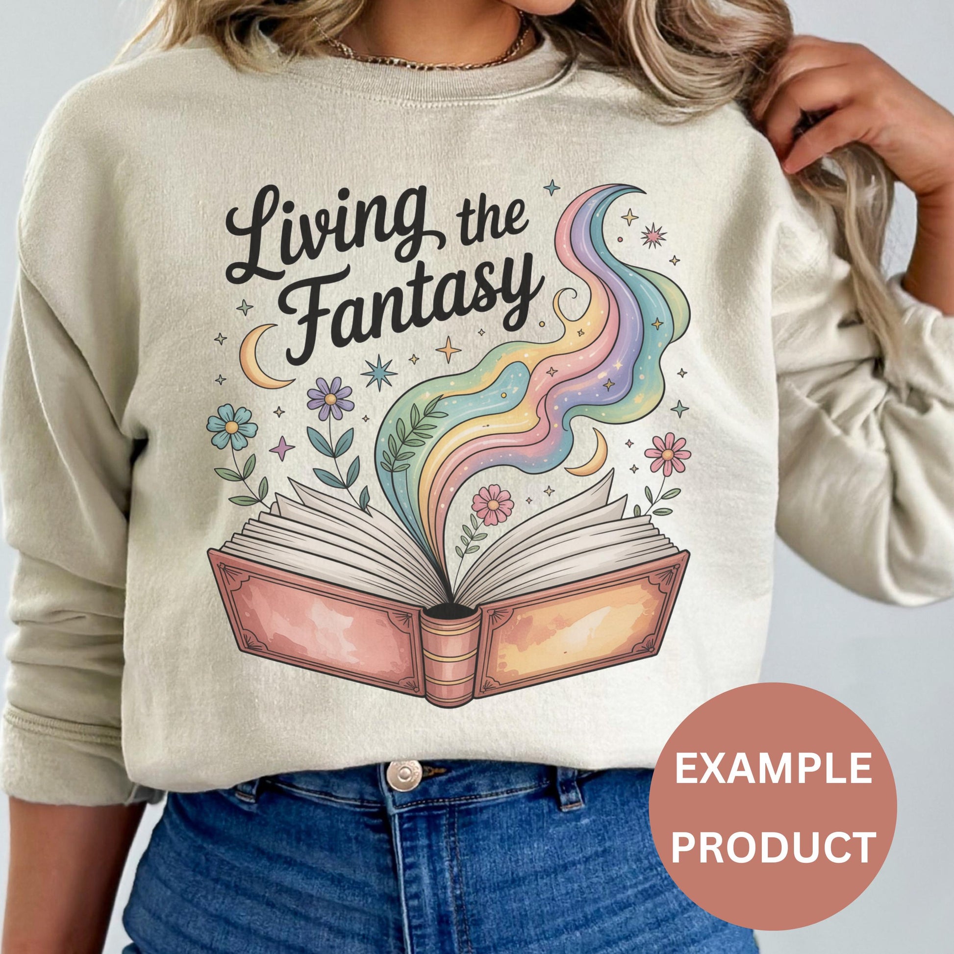 Women's Fantasy Book Graphic Sweatshirt, Colorful Magical Book Lover Crewneck, Cozy Literary Apparel, Casual Reading Fashion Top