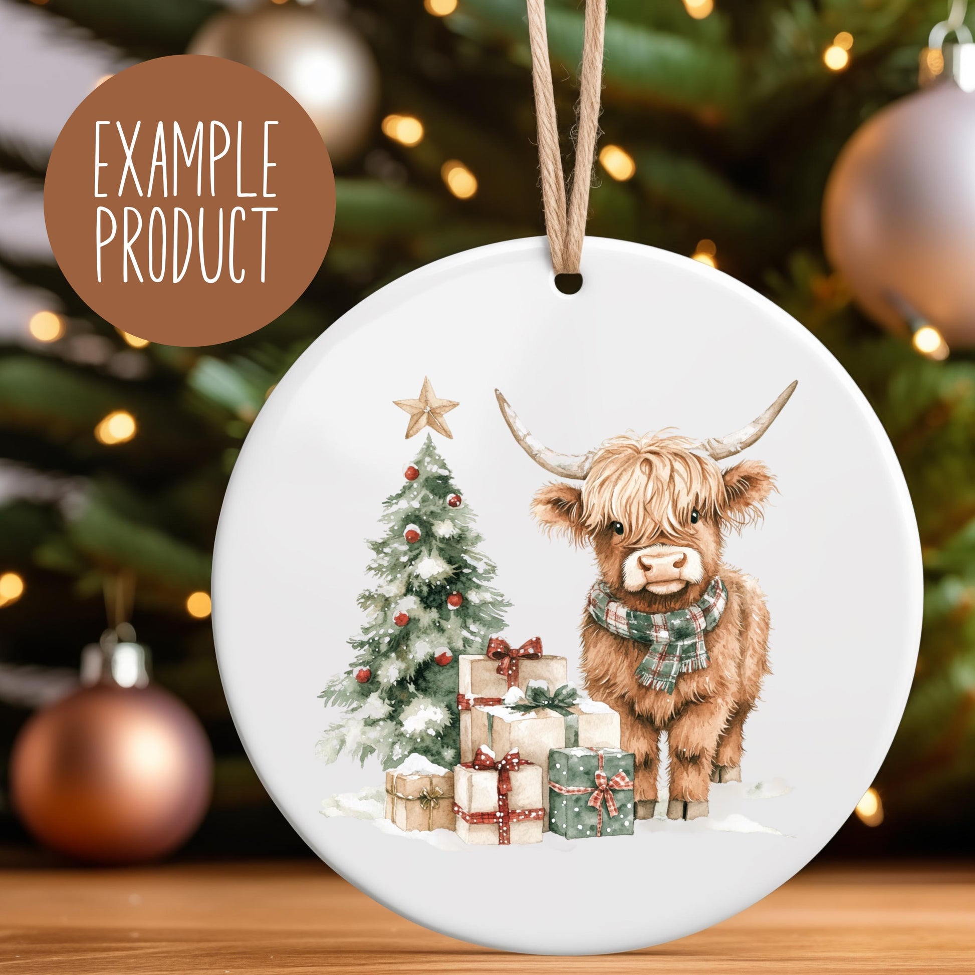 Christmas Highland Cow Ceramic Ornament, Festive Tree and Gifts Design, Holiday Home Decor, Unique Christmas Tree Decoration