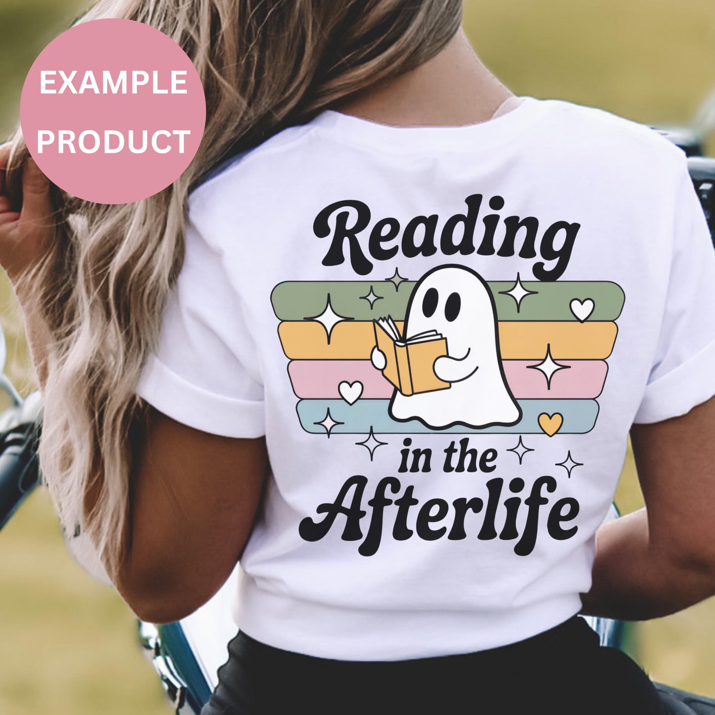 Cute Ghost Reading T-Shirt, Colorful Books Graphic Tee, Women's Summer Casual Top, Book Lover Gift