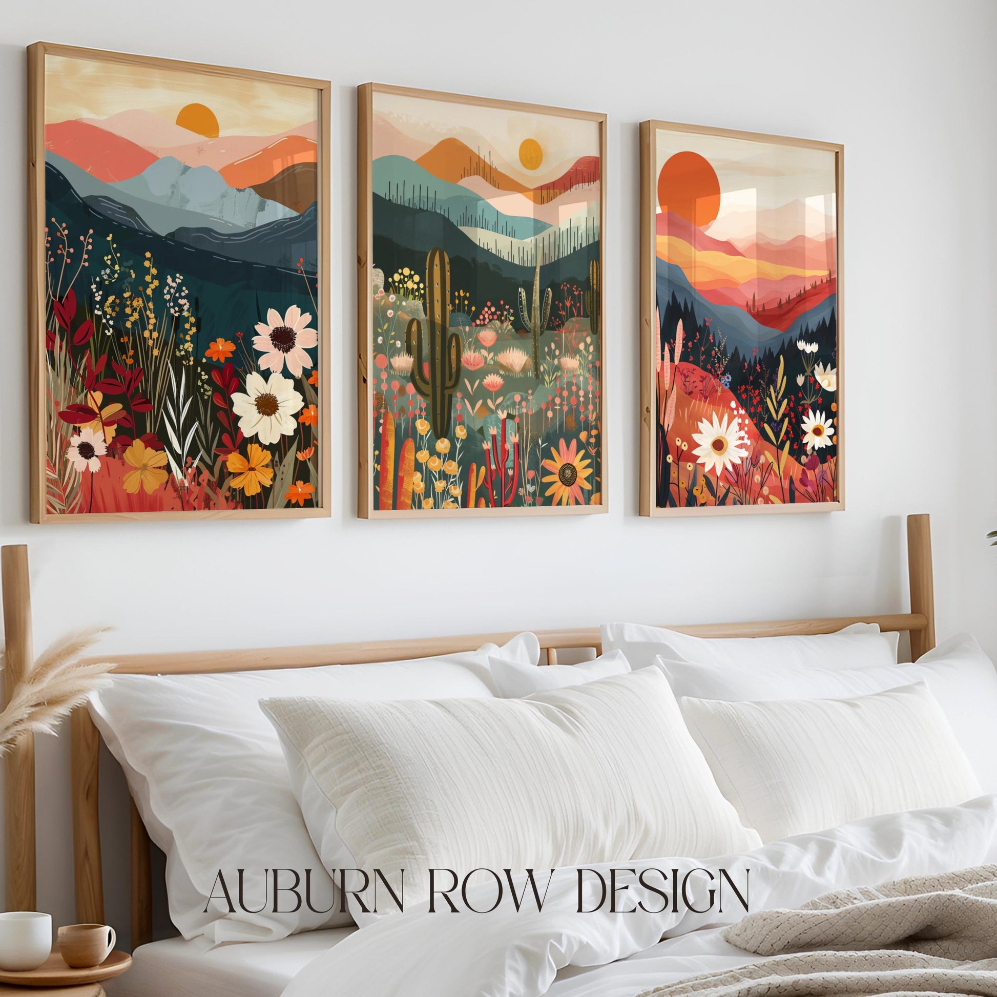 Colorful Mountain Sunset Triptych Wall Art, Nature Inspired Floral Landscape Prints, Home Decor Gallery Set