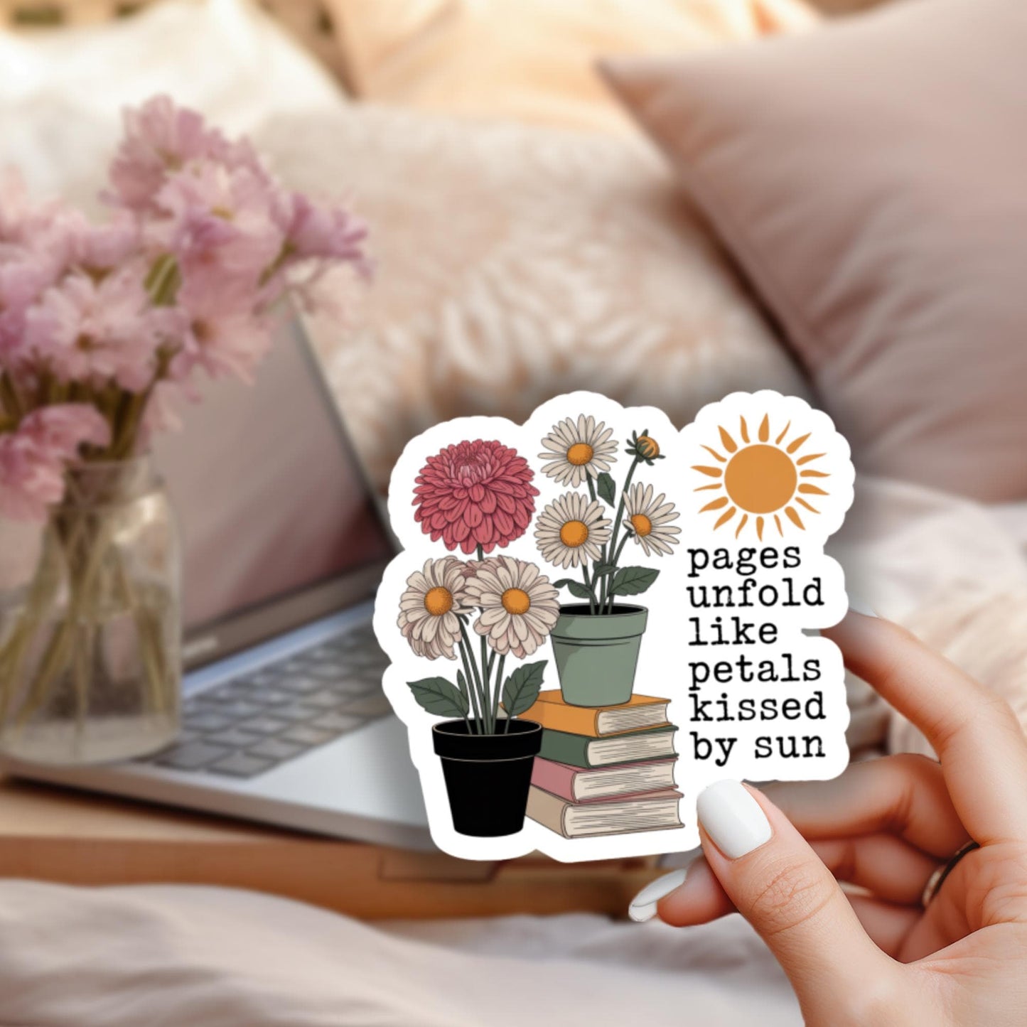 Floral Book and Sun Die-Cut Sticker, Weatherproof Vinyl, Laptop Decoration, Cute Botanical Decal for Readers