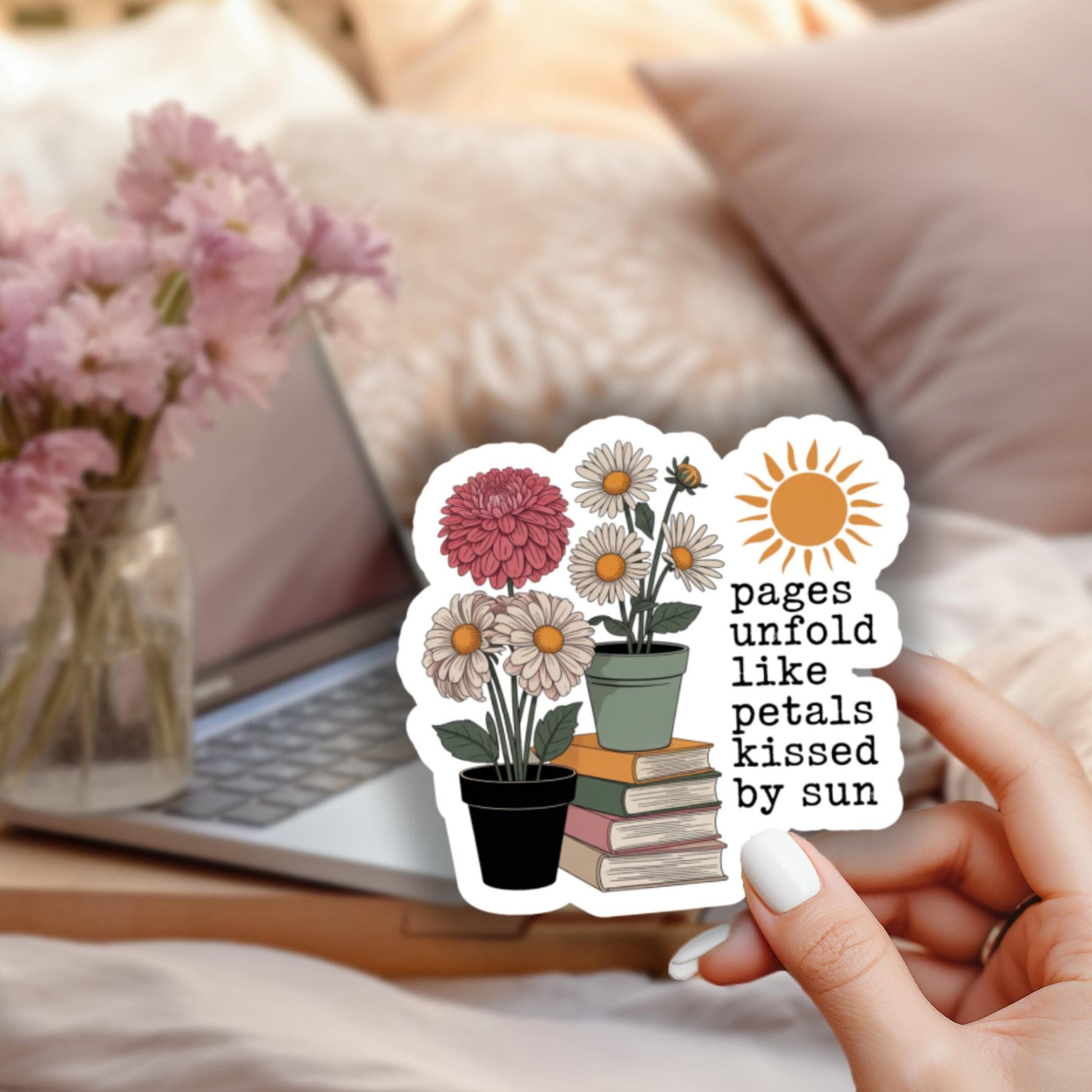Floral Book and Sun Die-Cut Sticker, Weatherproof Vinyl, Laptop Decoration, Cute Botanical Decal for Readers