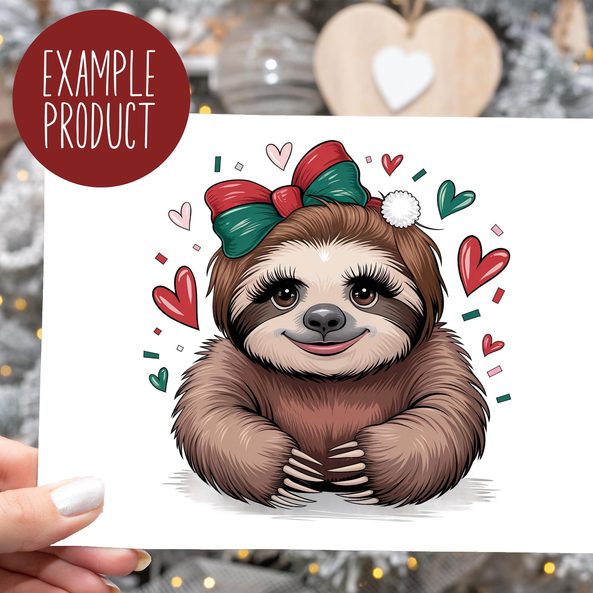Cute Sloth Christmas Card, Holiday Sloth with Bow, Festive Greeting Card, Heart Decorations, Winter Seasonal Card, Animal Love Card