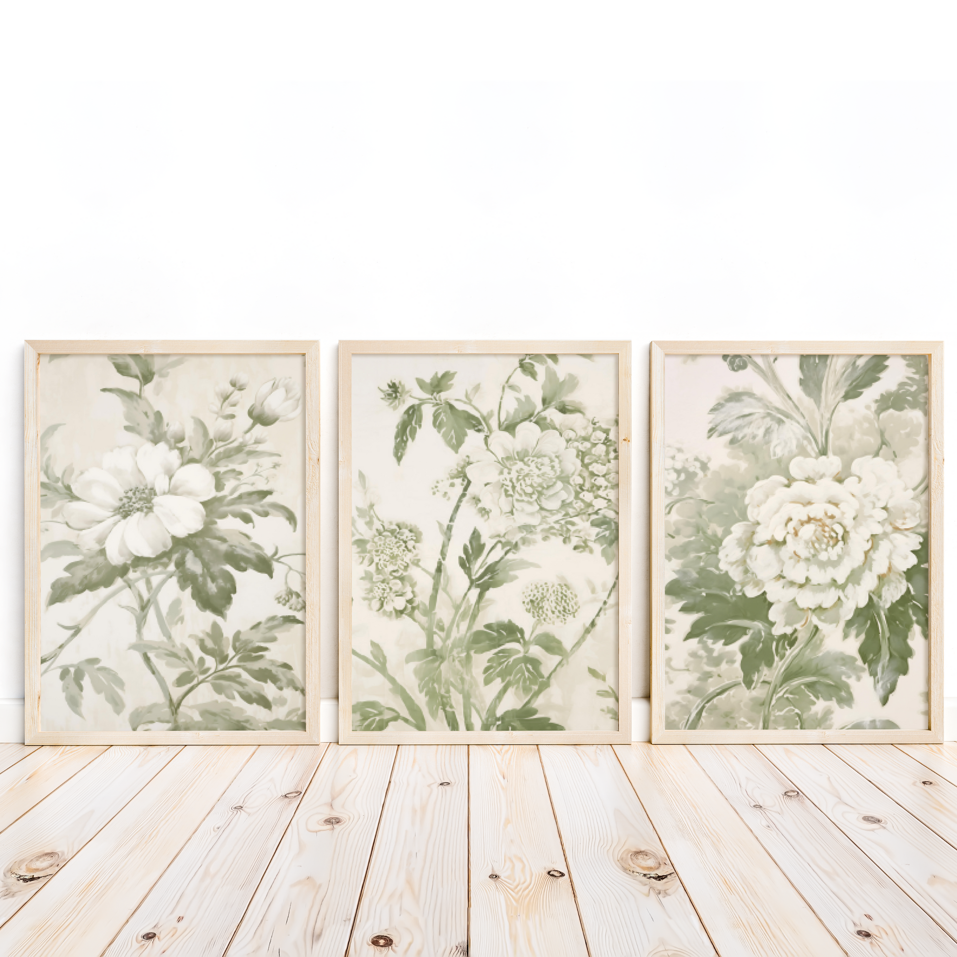 Sage Green Floral Triptych Printable Art Set